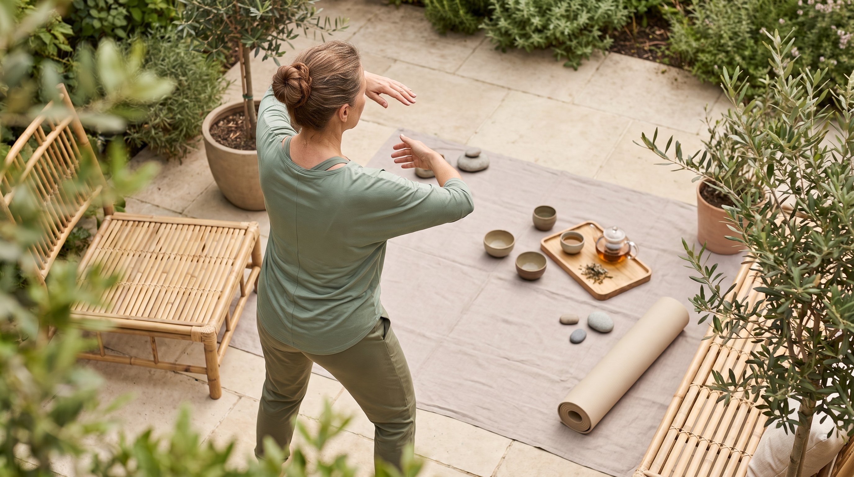person practising qigong at home