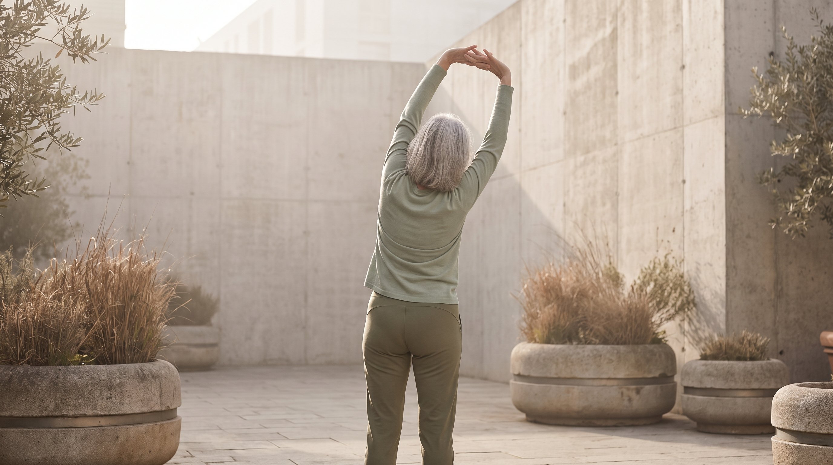 senior stretching gently in a bright living room
