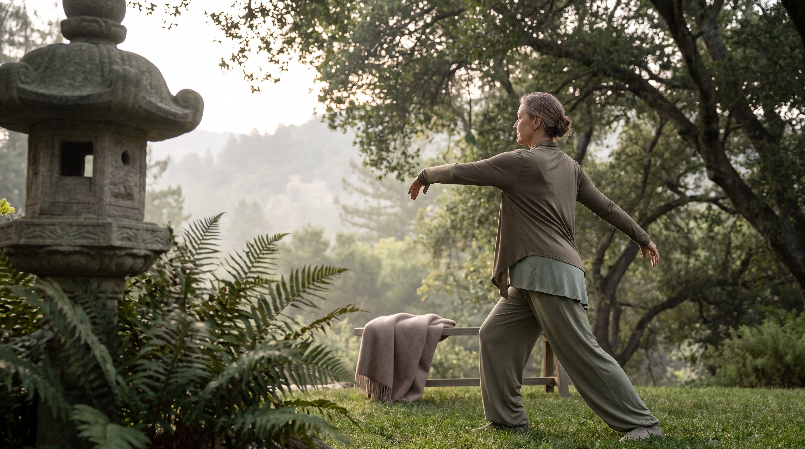 a woman in her 50s doing slow flowing qigong movements in a calm garden
