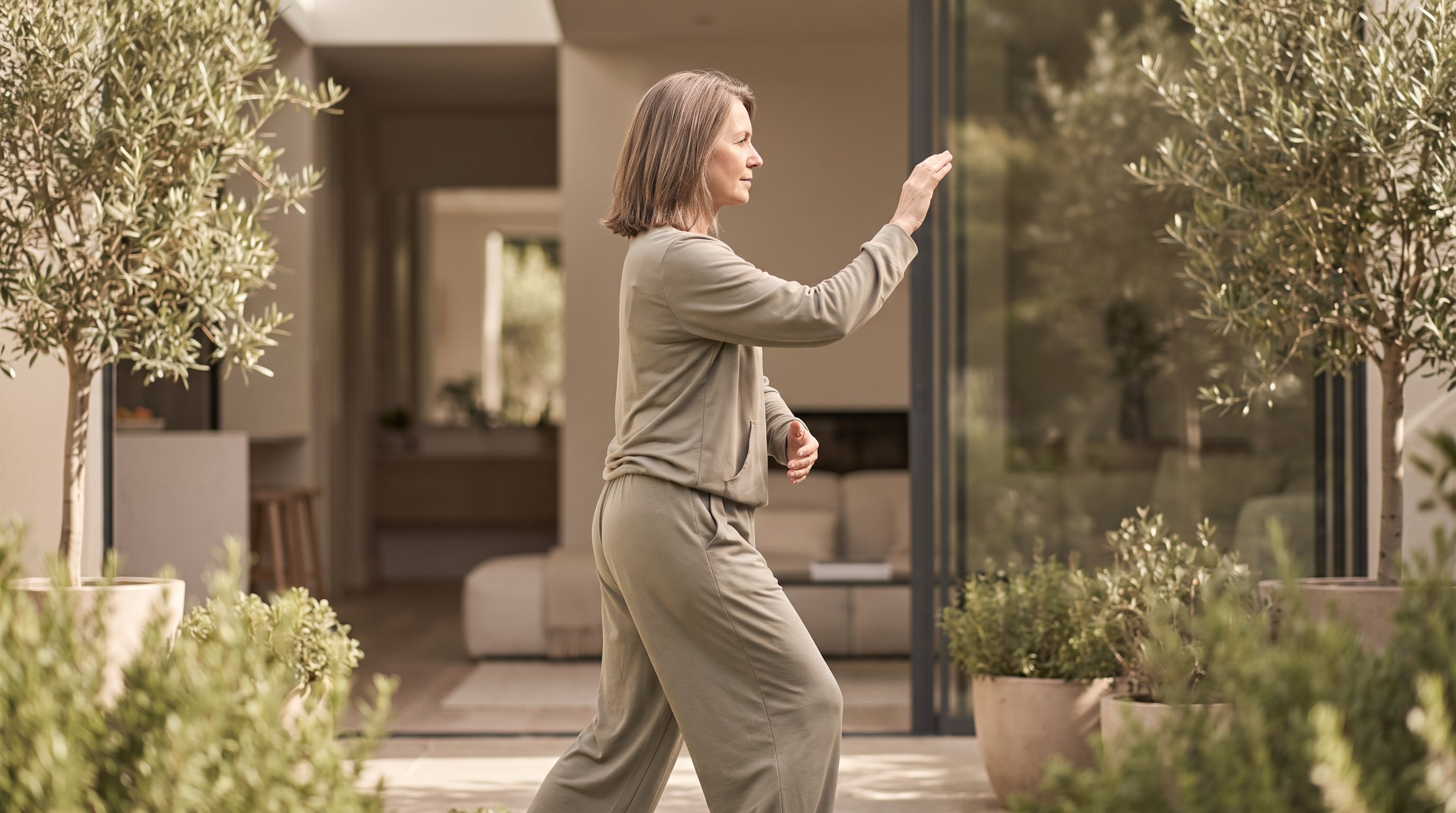 person practising qigong at home