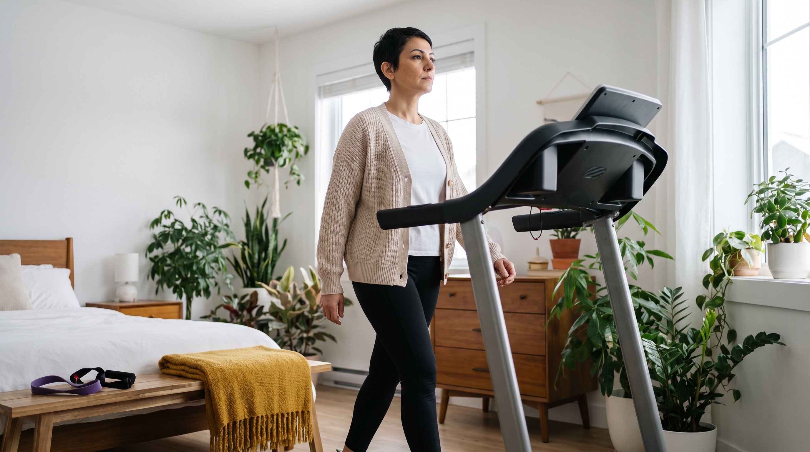 woman walking on an inclined treadmill in a home gym woman walking on an inclined treadmill in a home gym