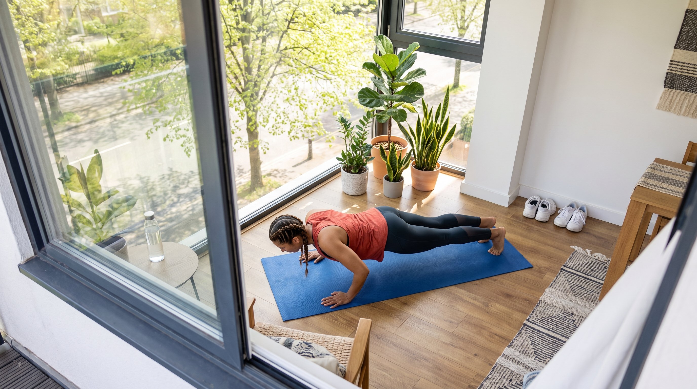 man doing push-ups on a yoga mat in a small apartment