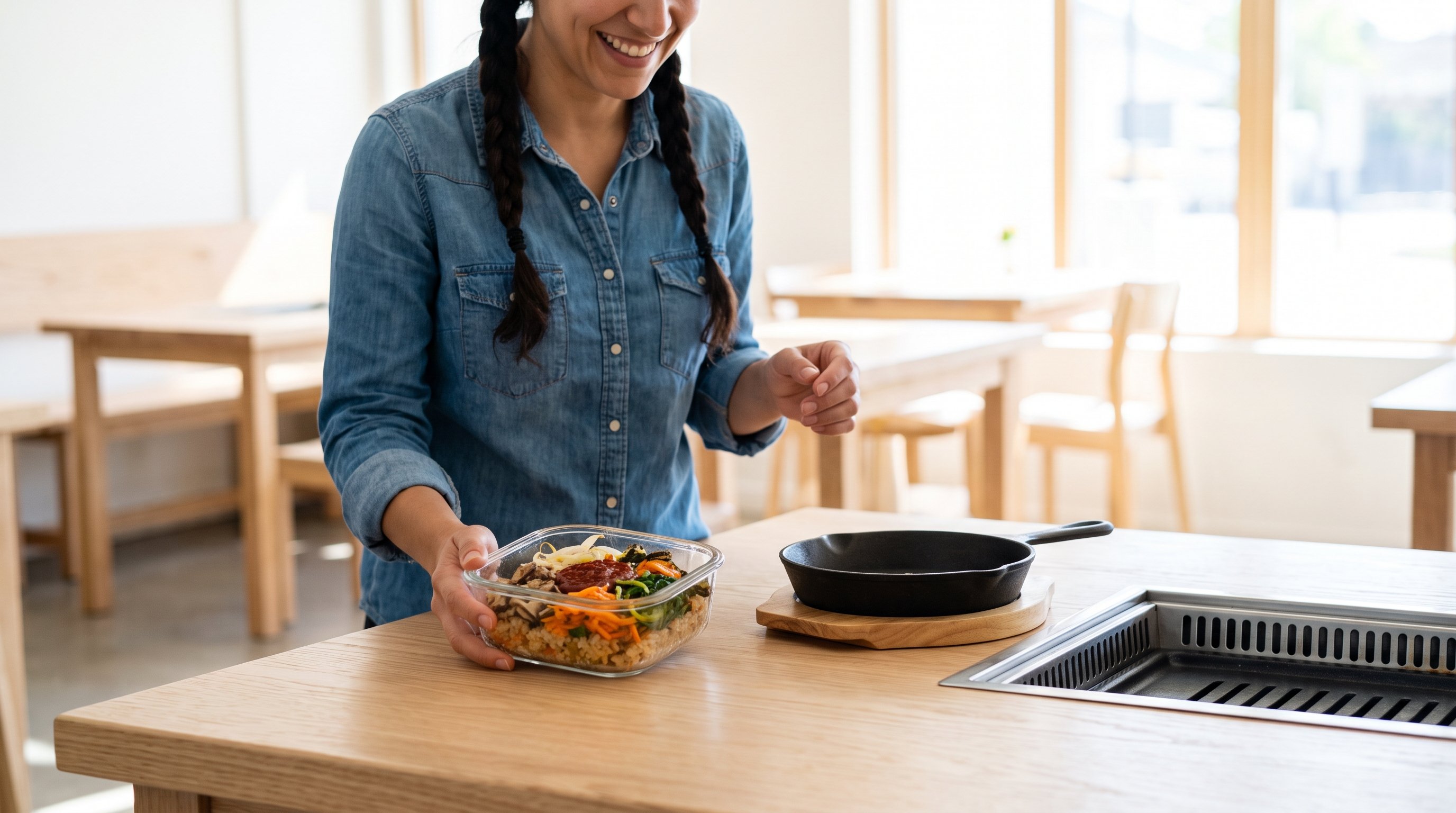 person portioning cooked rice and vegetables into glass containers