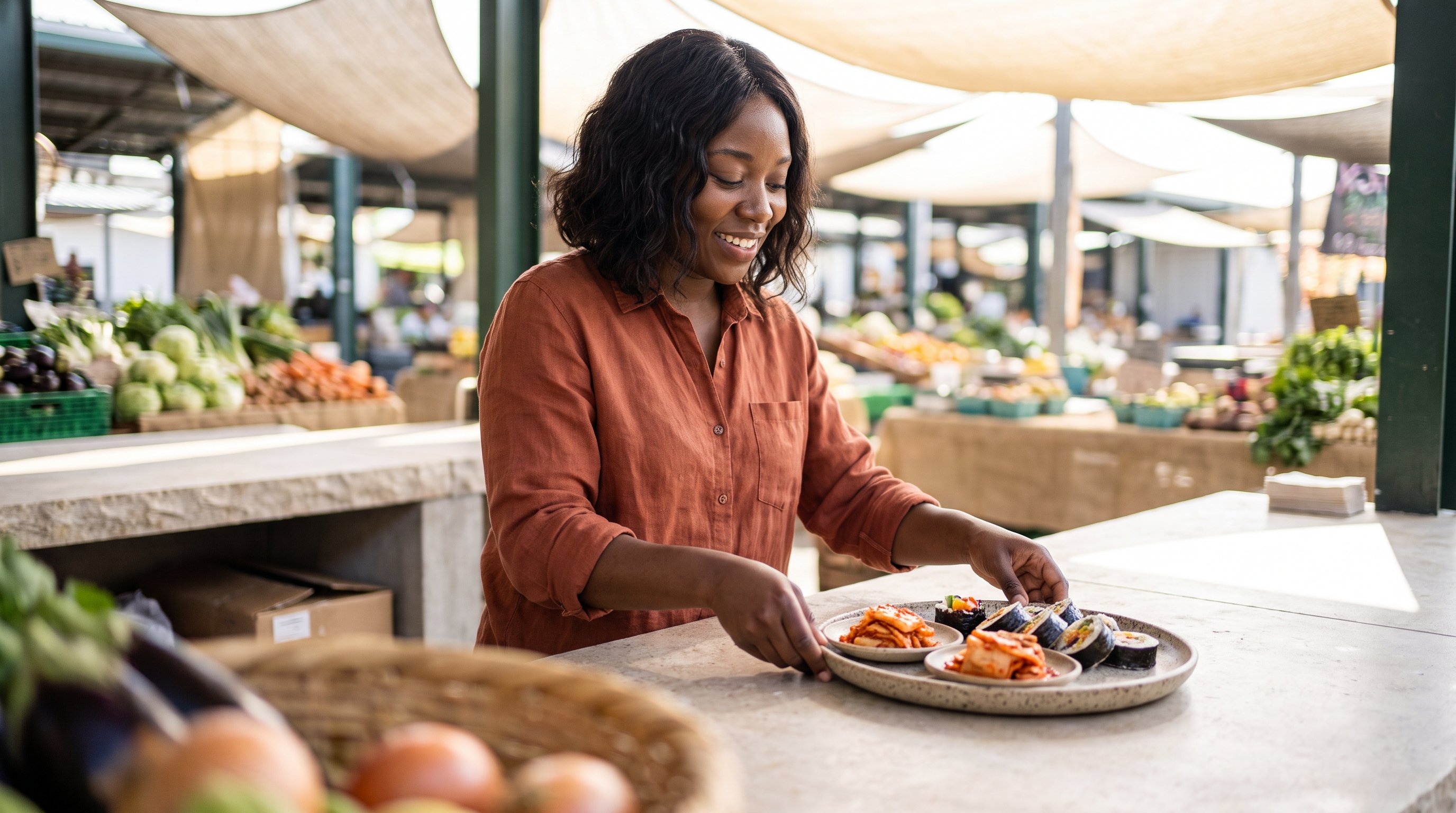 A cheerful woman in her 30s preparing a table of kimchi and small side dishes in a modern kitchen