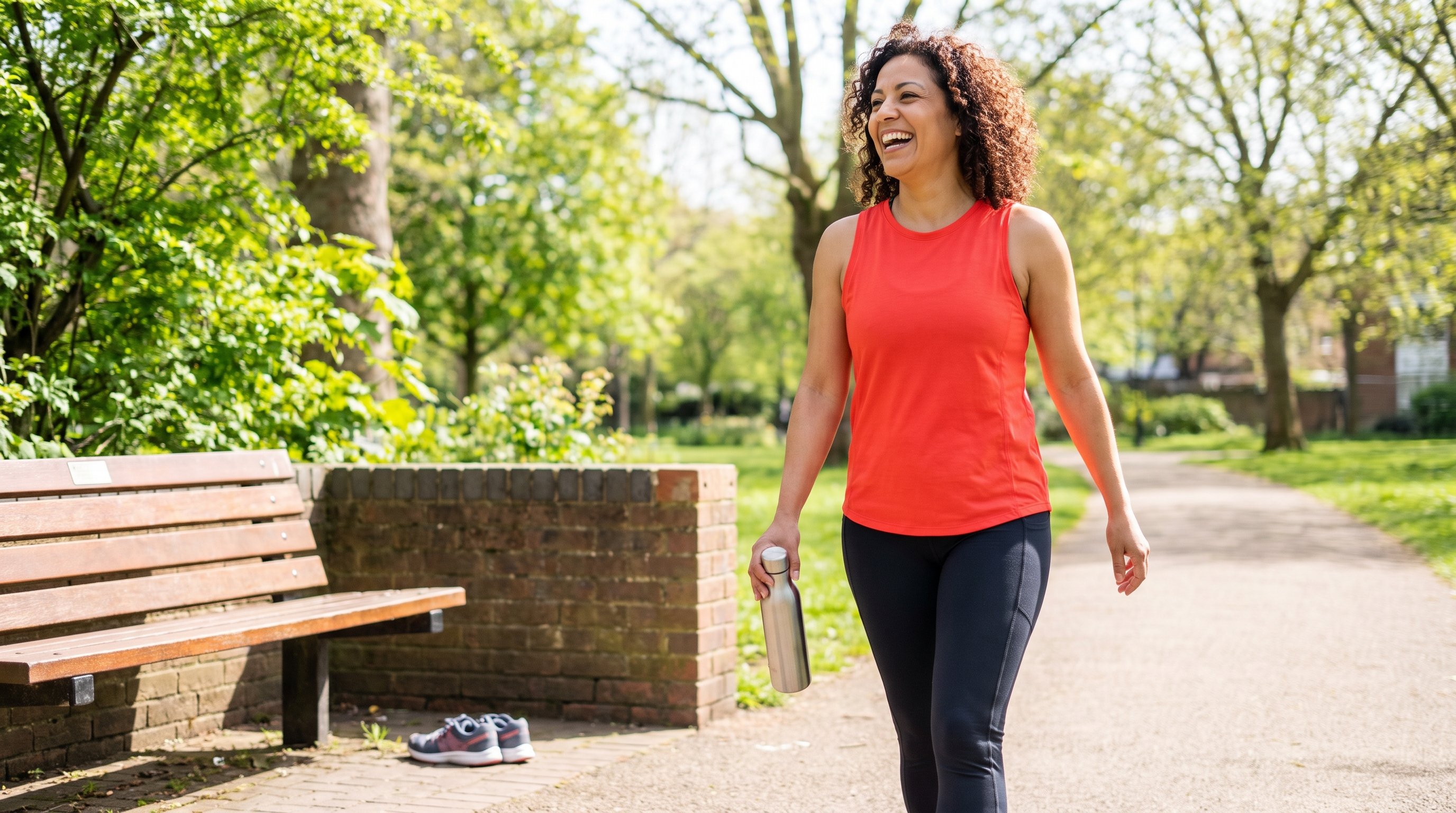 A cheerful woman in her 30s walking outdoors on a sunny neighbourhood path