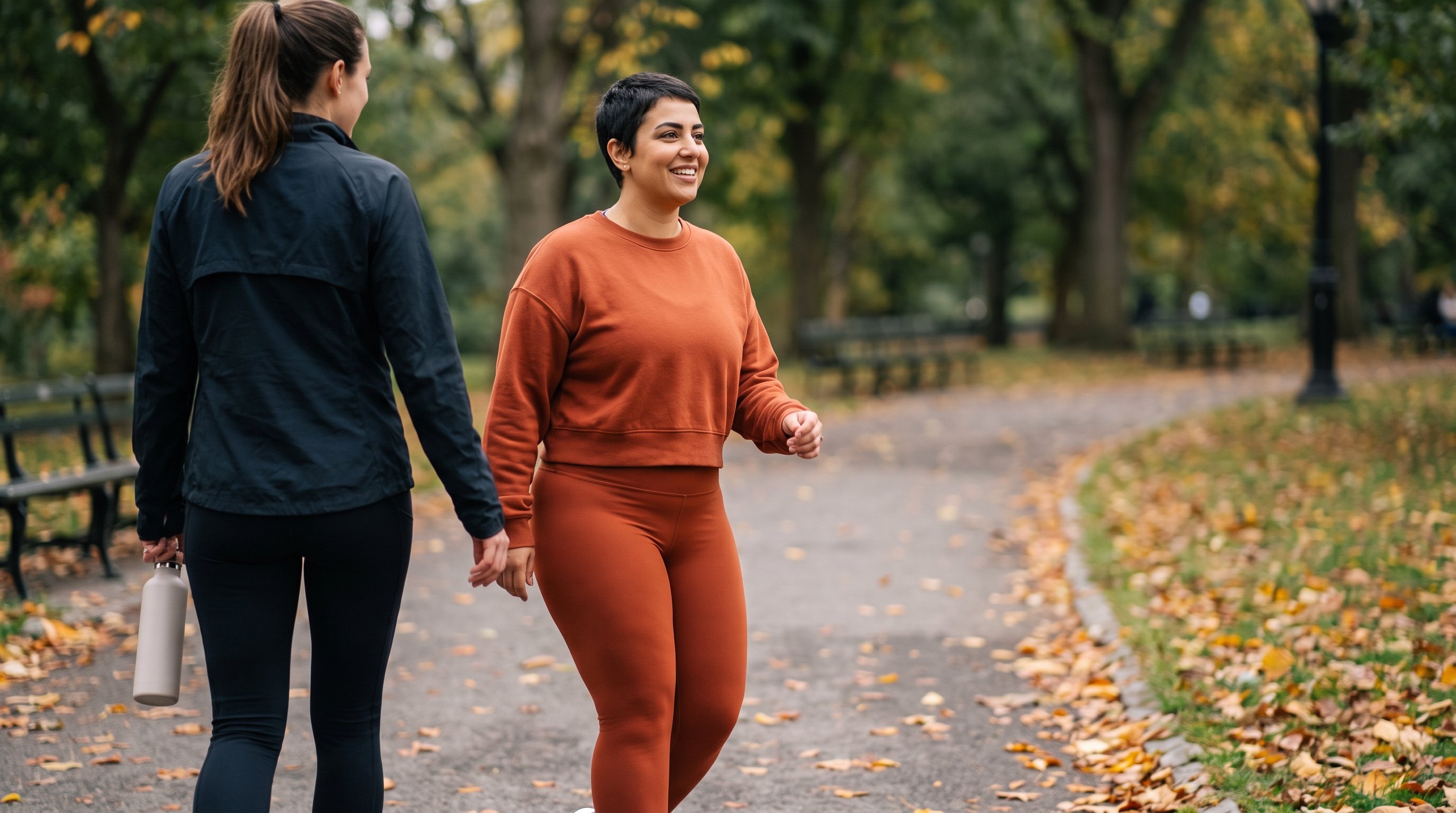 two older adults walking briskly on a park path