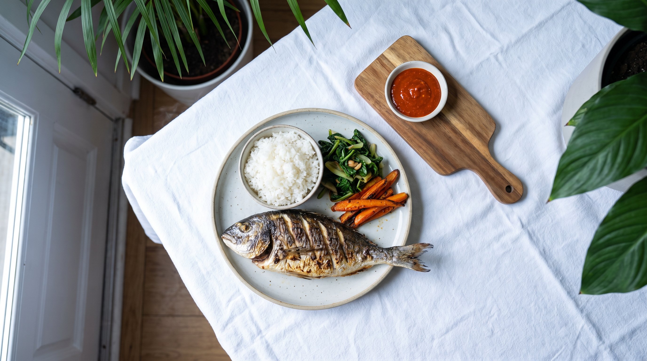 weeknight dinner of grilled fish rice and vegetables