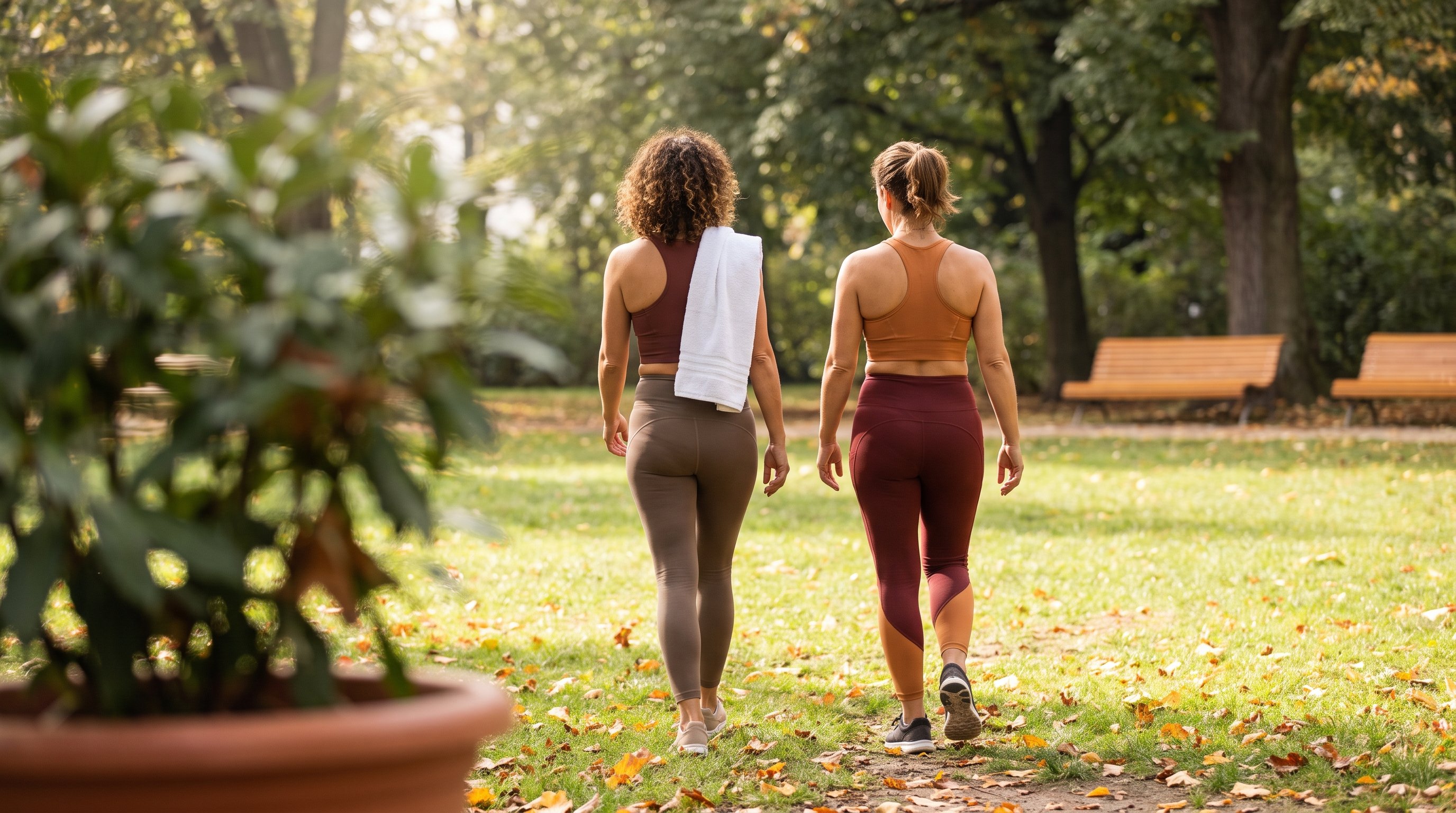 two friends walking together through a city park at dusk