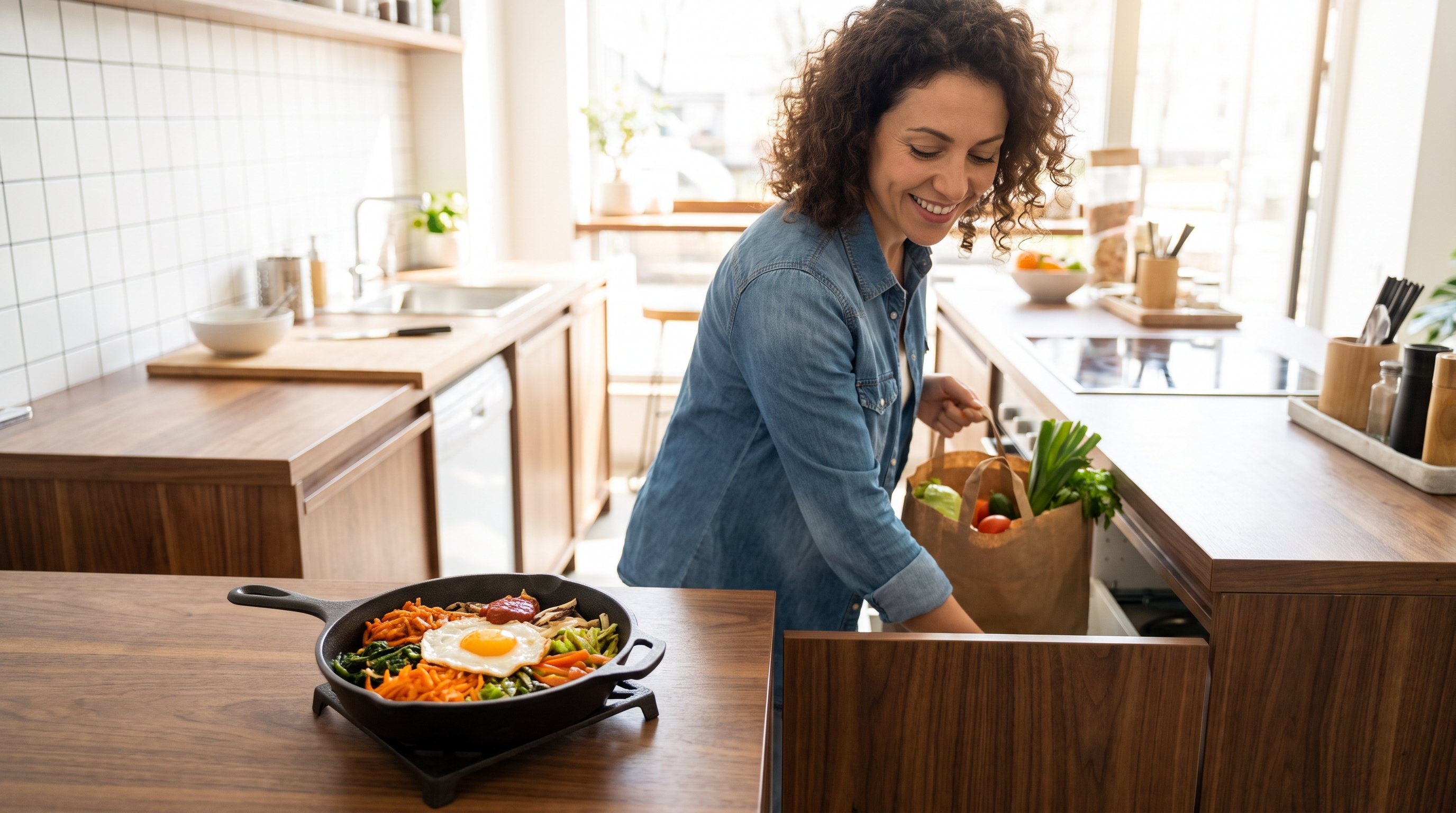A cheerful woman in her 30s putting groceries away in a modern kitchen