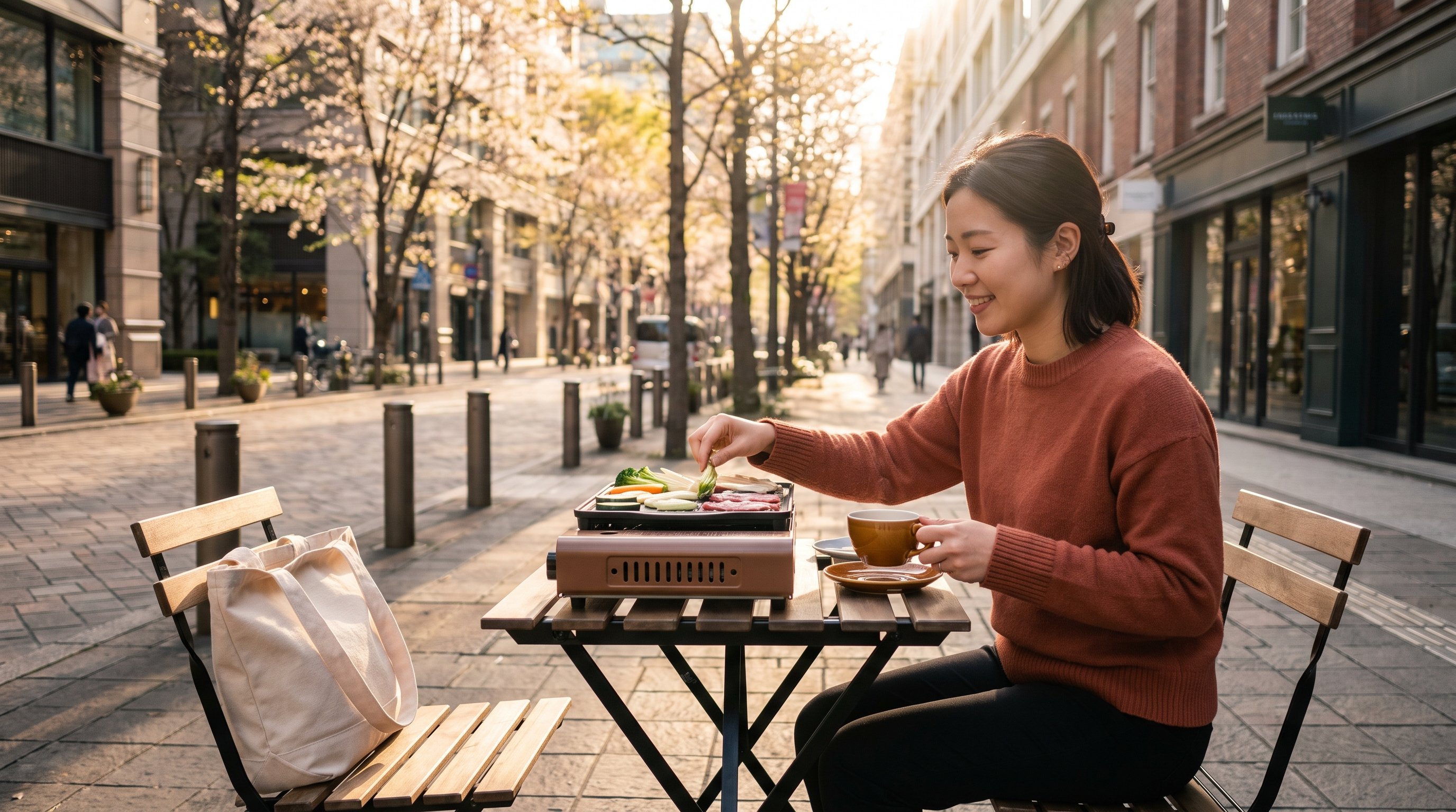 A cheerful woman in her 30s sitting calmly at a dining table with a tabletop grill with a cup of tea