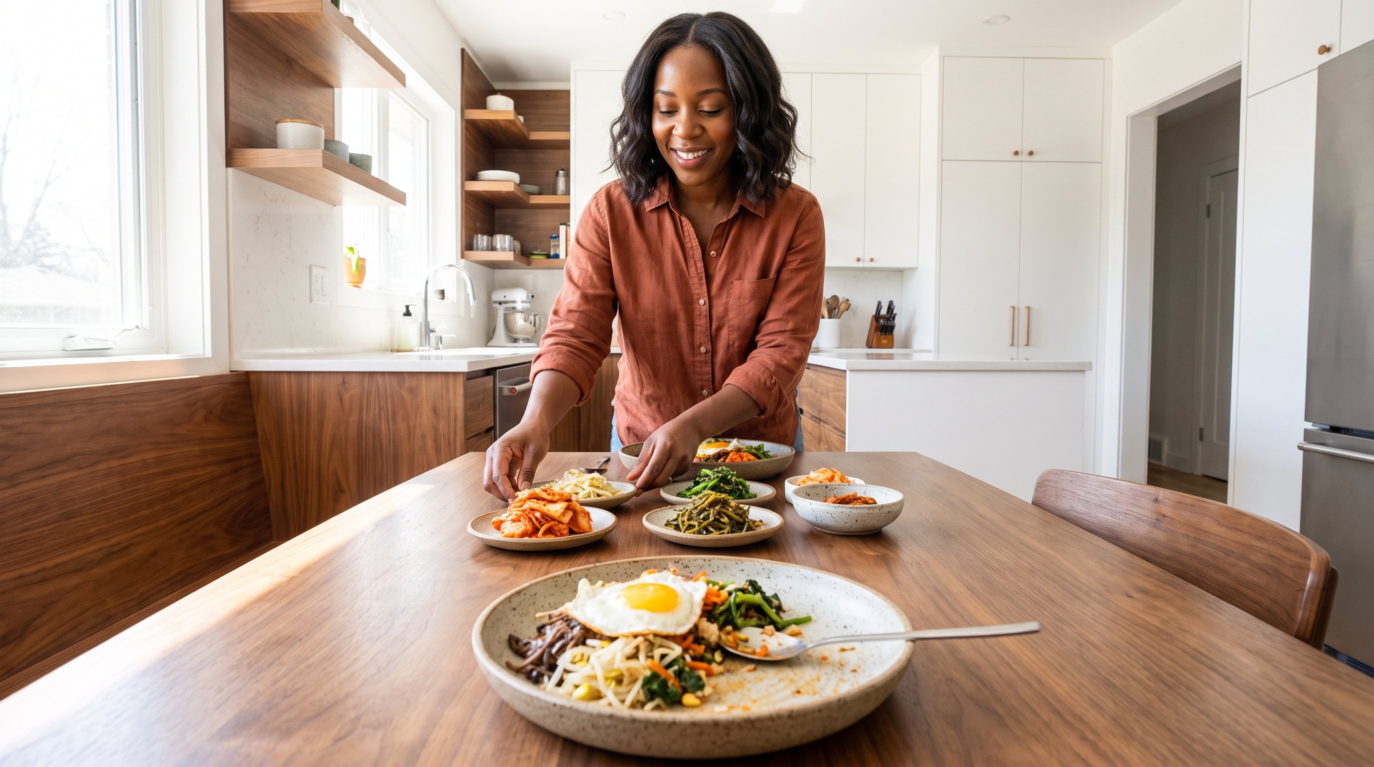 A cheerful woman in her 30s preparing a table of kimchi and small side dishes in a modern kitchen
