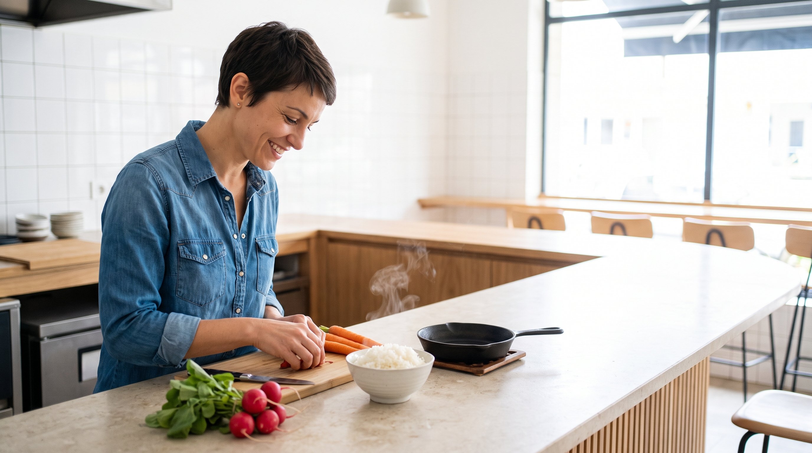person chopping vegetables on a cutting board in a home kitchen