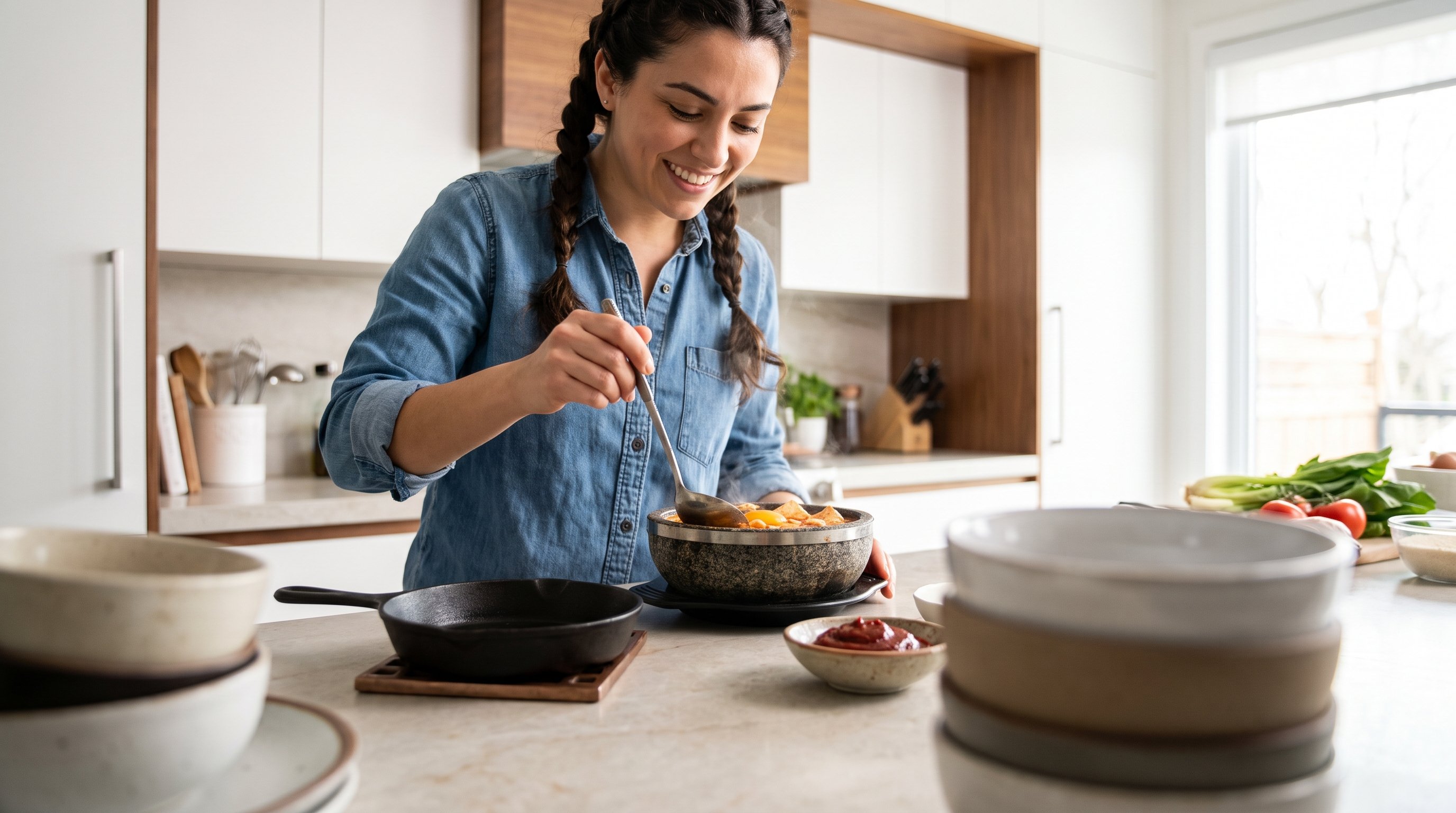 A cheerful woman in her 30s cooking a steaming Korean soup bowl in a modern kitchen