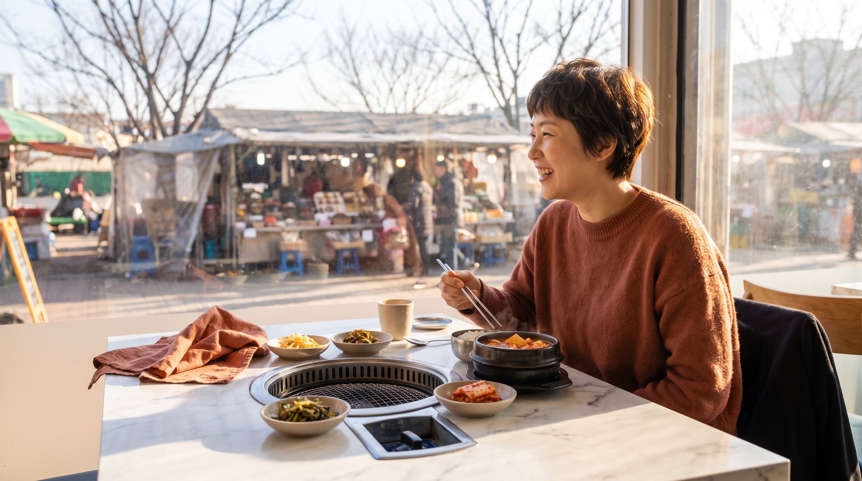 A cheerful woman in her 30s enjoying a table of kimchi and small side dishes at a dining table with a tabletop grill A cheerful woman in her 30s enjoying a table of kimchi and small side dishes at a dining table with a tabletop grill