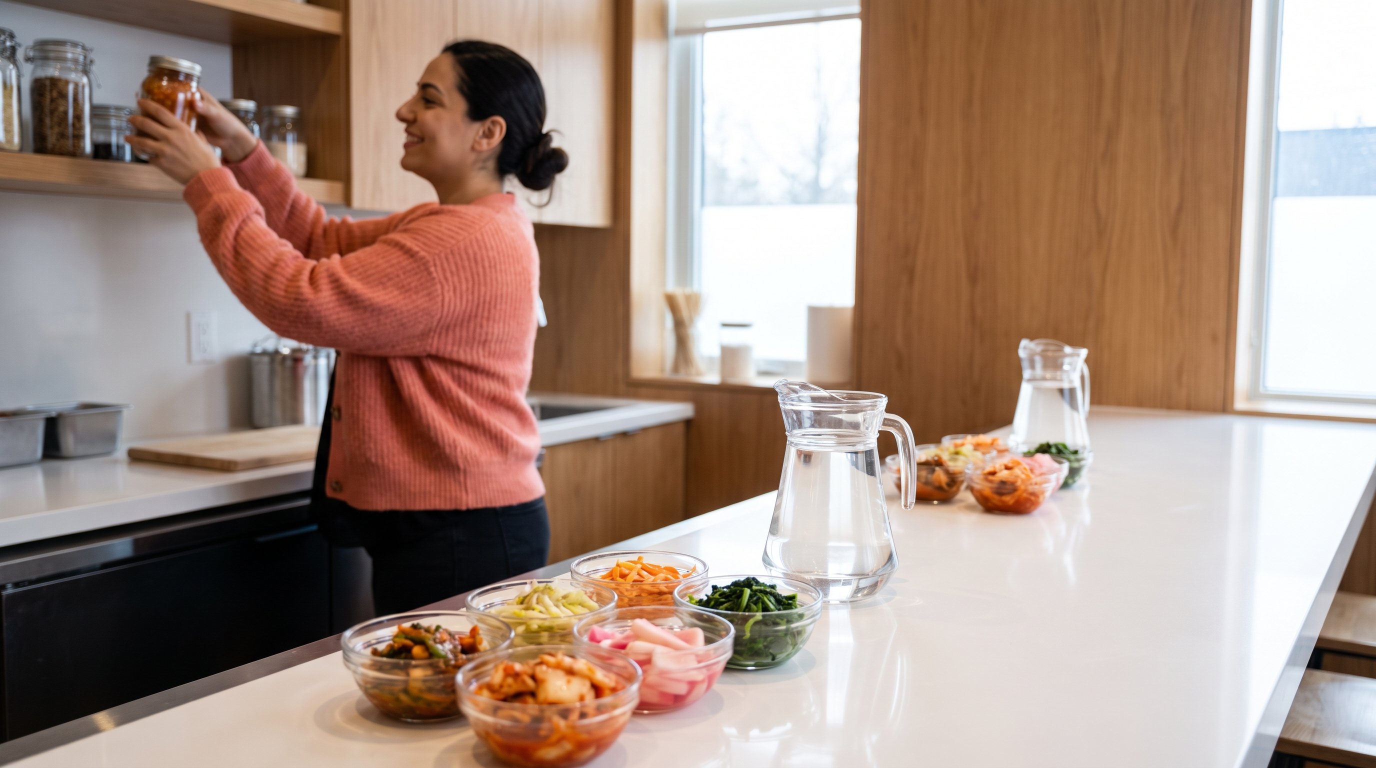 A cheerful woman in her 30s putting groceries away in a modern kitchen