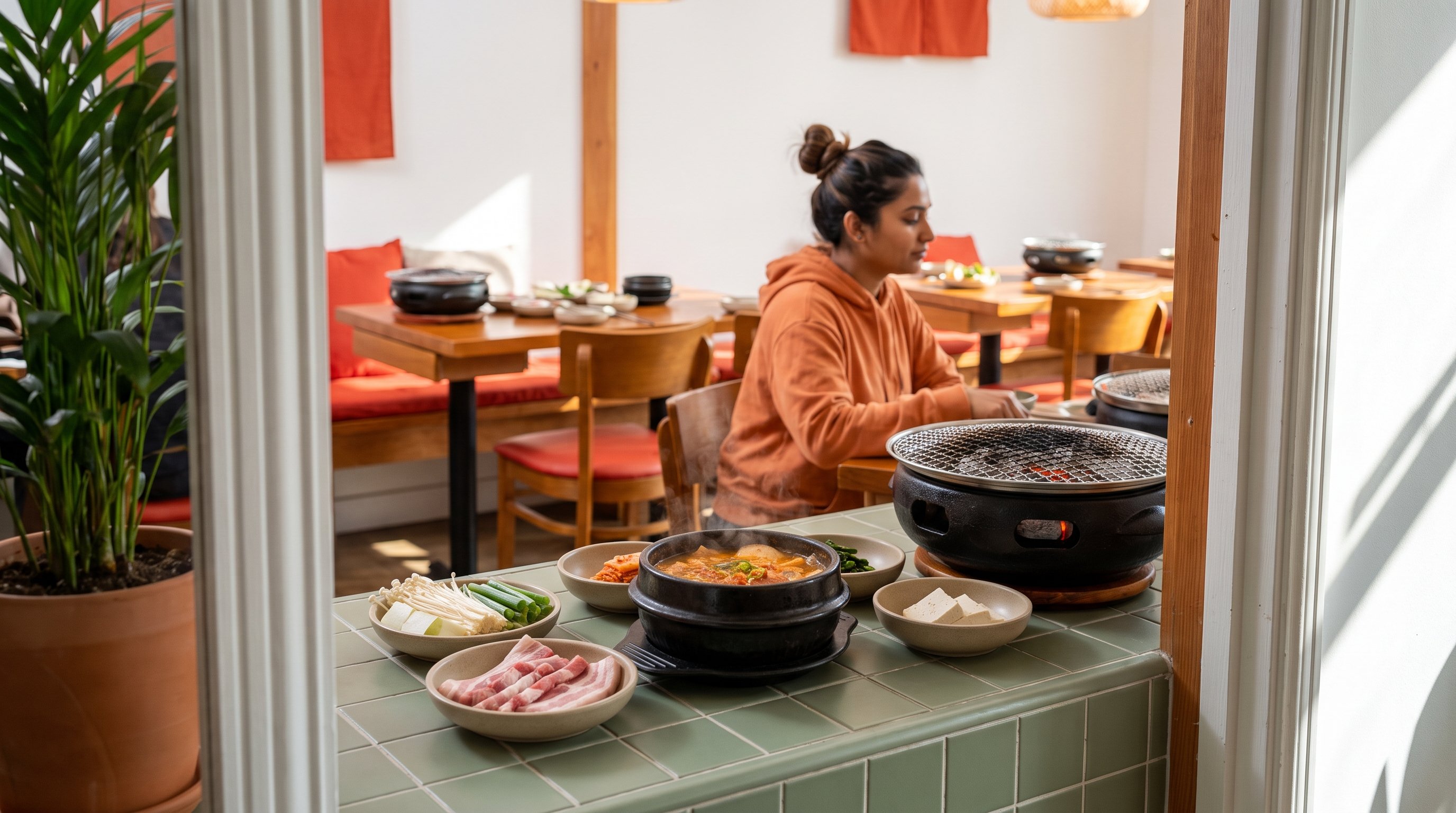 A steaming Korean soup bowl beside fresh ingredients on a dining table with a tabletop grill