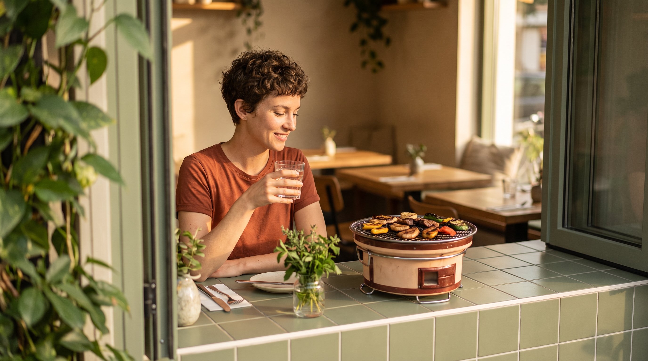 A cheerful woman in her 30s relaxing with a glass of water after a meal at a dining table with a tabletop grill