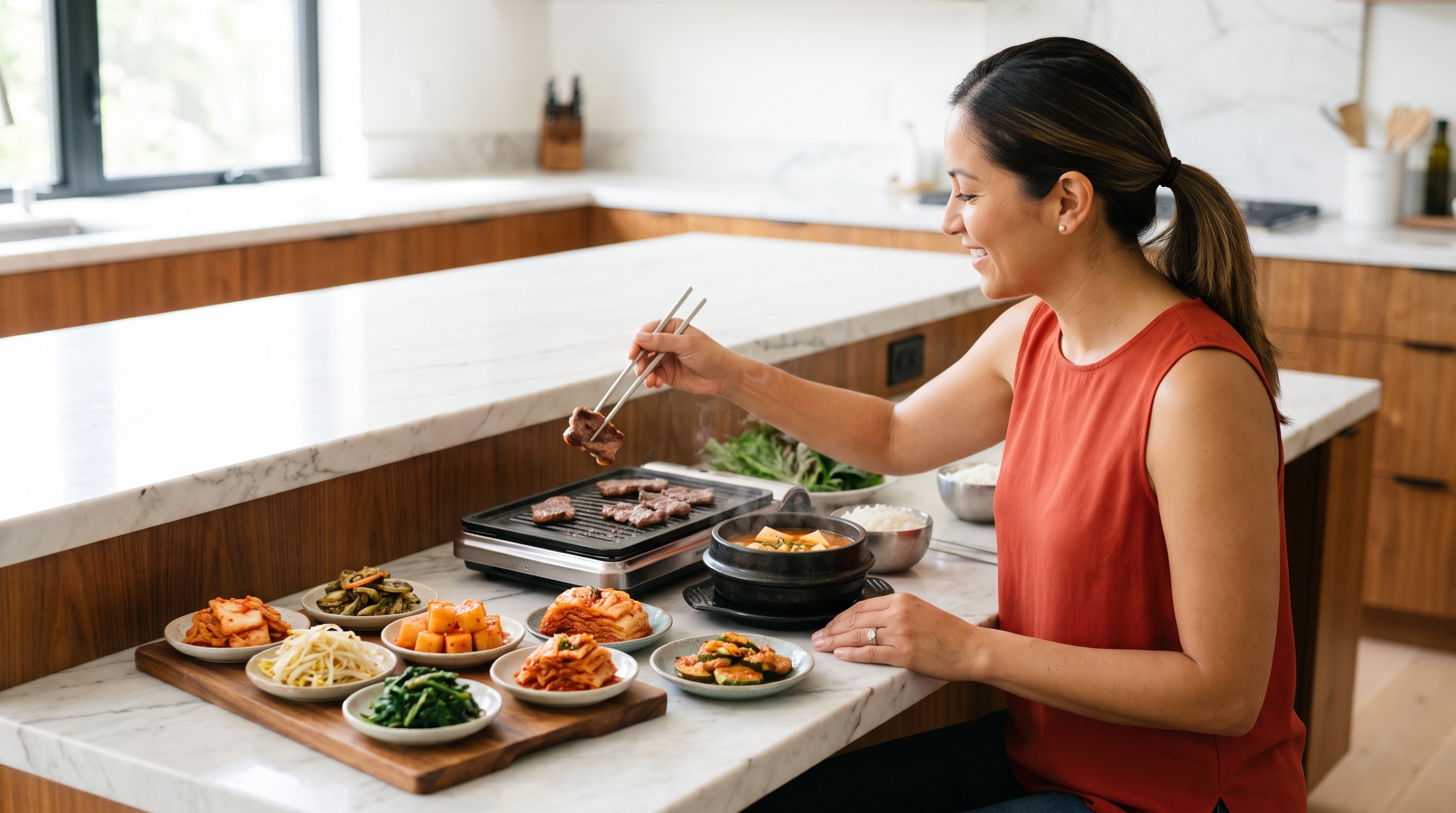 A table of kimchi and small side dishes served on a dining table with a tabletop grill