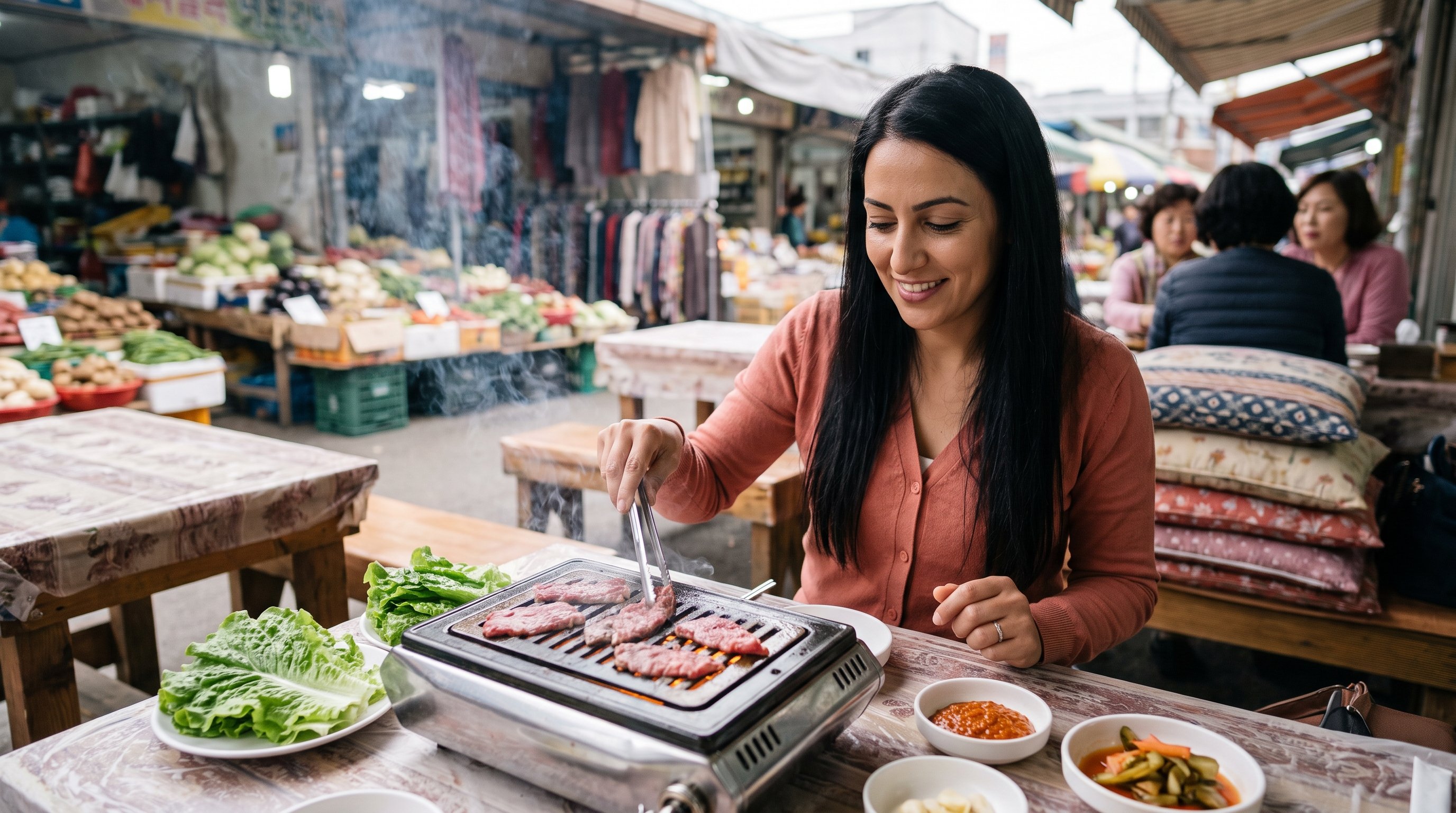 person grilling thin slices of beef on a tabletop grill