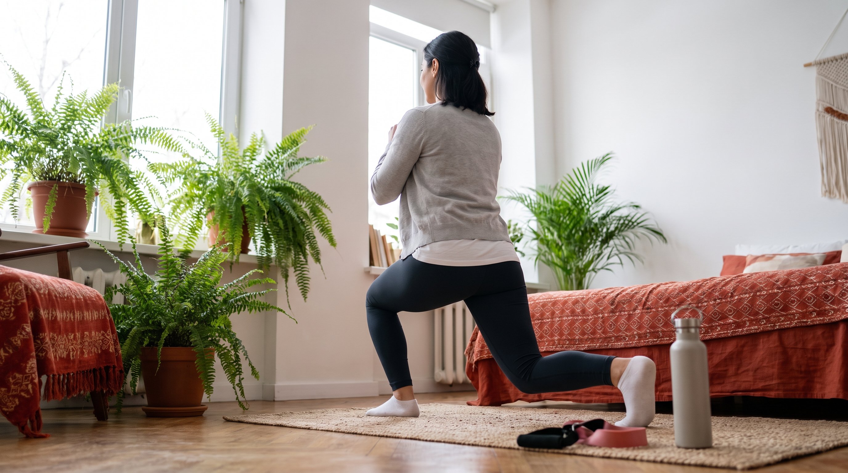 person doing reverse lunges in a small living room