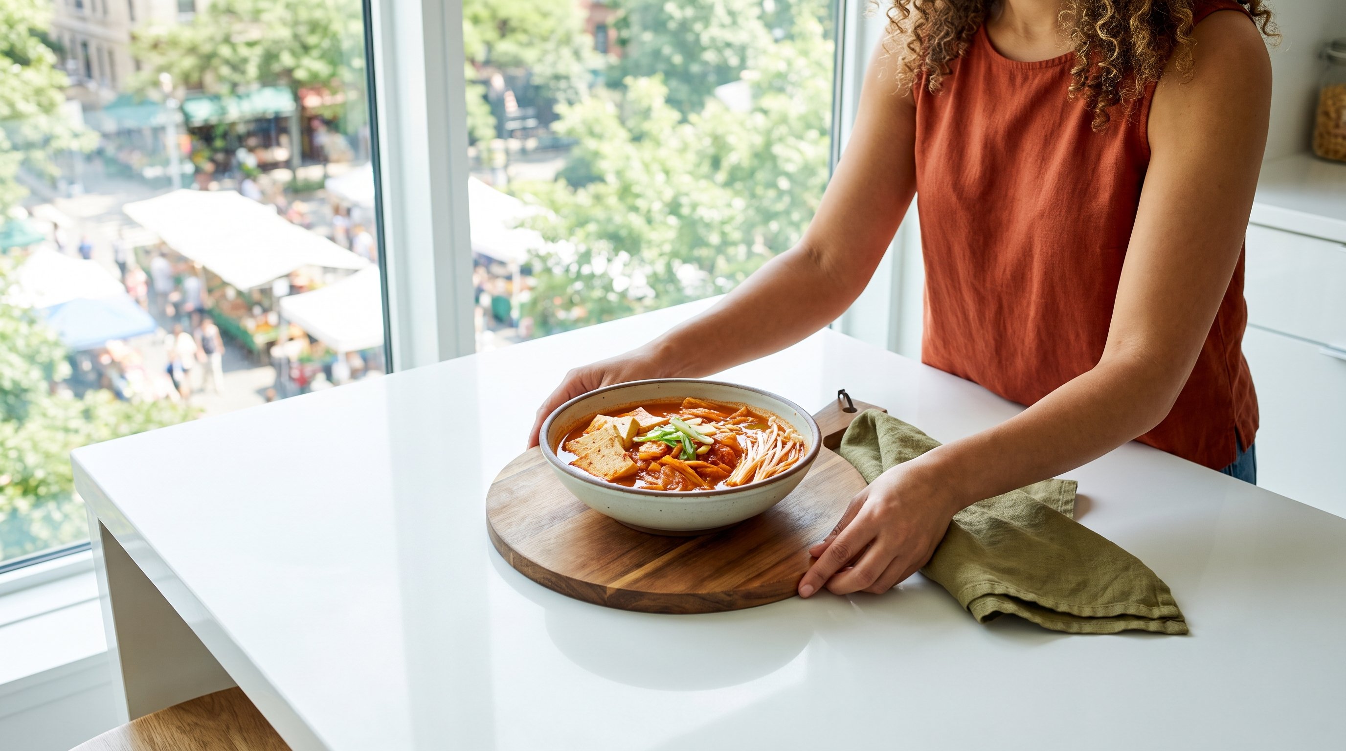 bowl of kimchi and yoghurt on wooden table bowl of kimchi and yoghurt on wooden table
