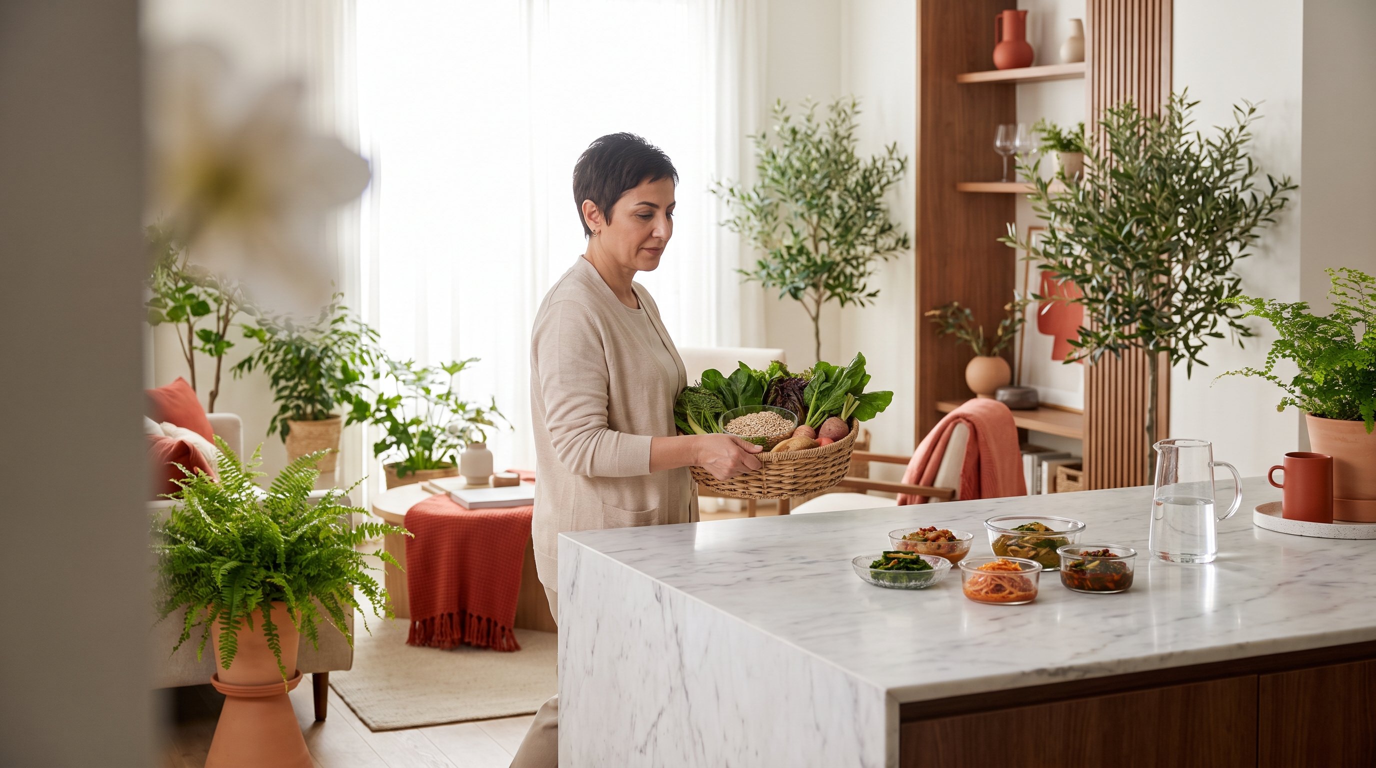 weekly grocery basket with fresh vegetables and grains on kitchen counter