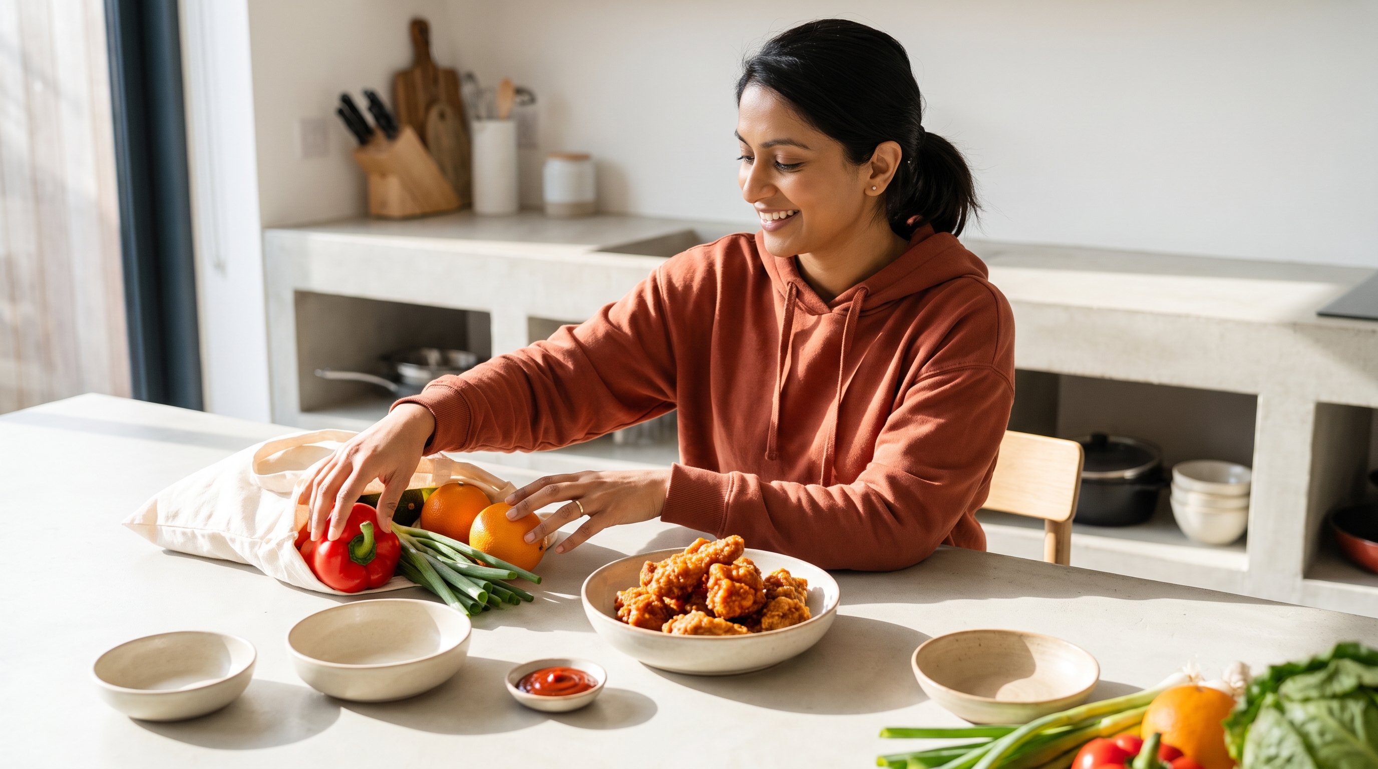 A cheerful woman in her 30s unpacking fresh groceries in a modern kitchen