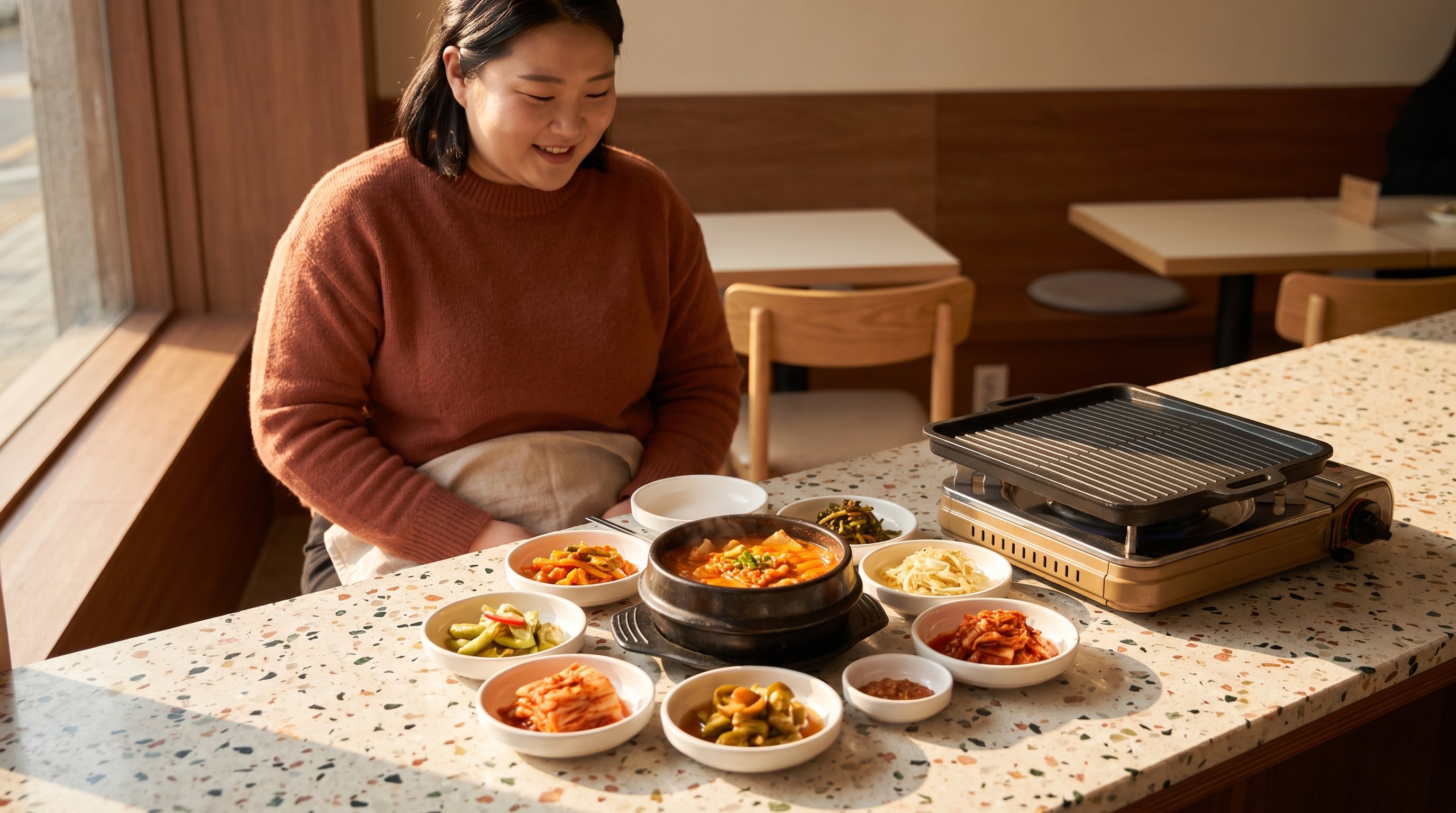 A table of kimchi and small side dishes on a dining table with a tabletop grill