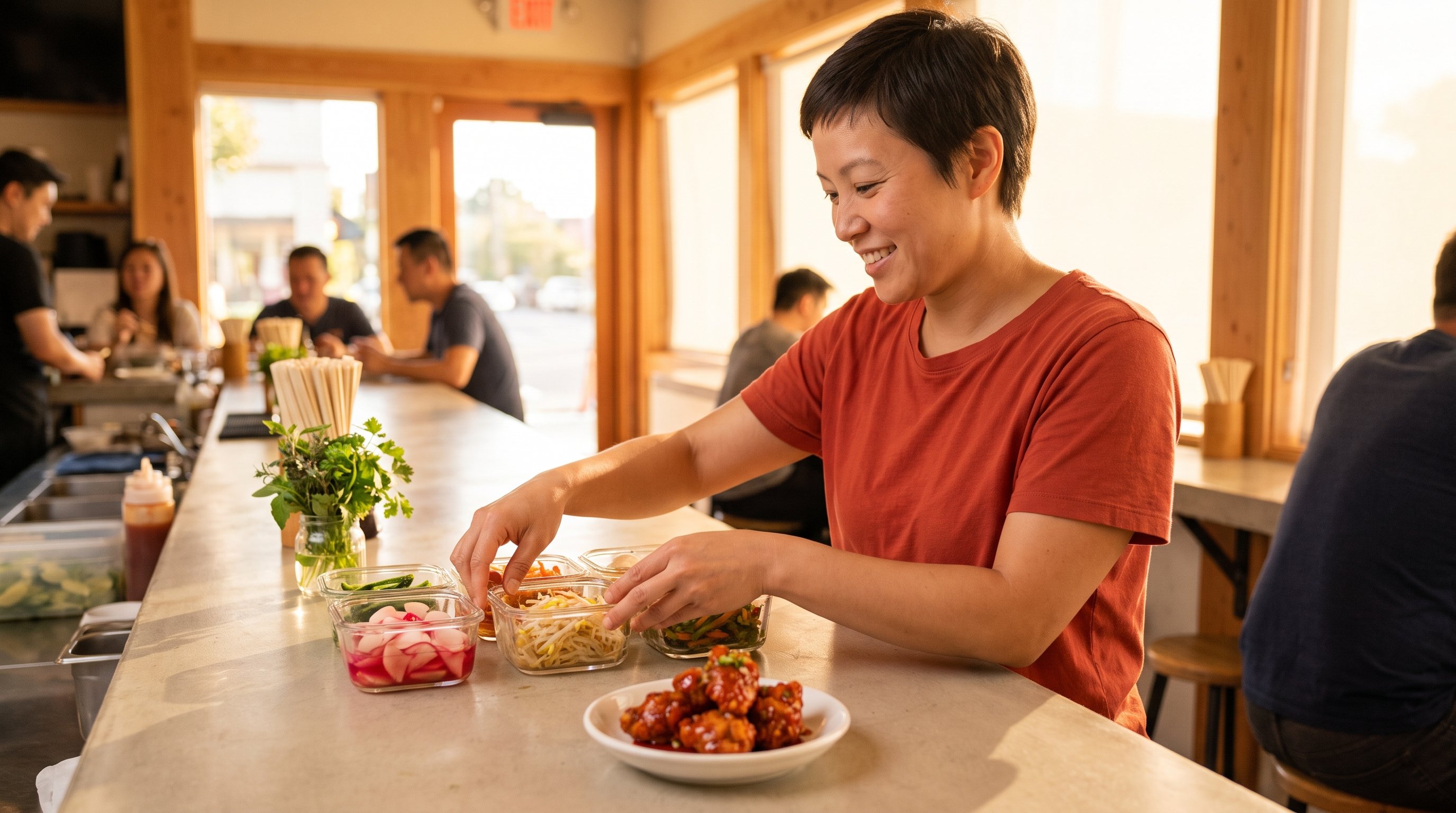 person packing small glass containers with vegetable side dishes