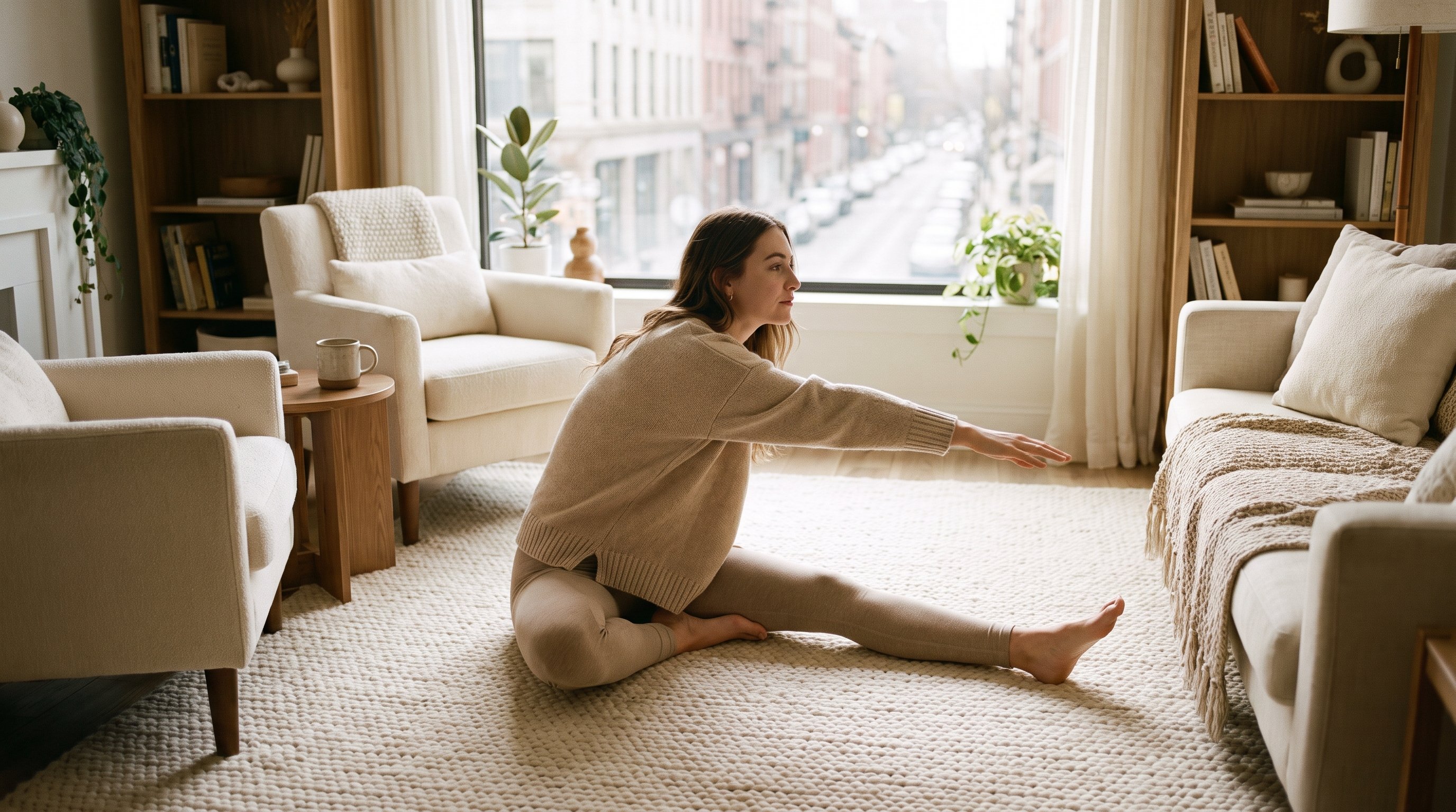 woman doing a short stretch routine on a living room floor