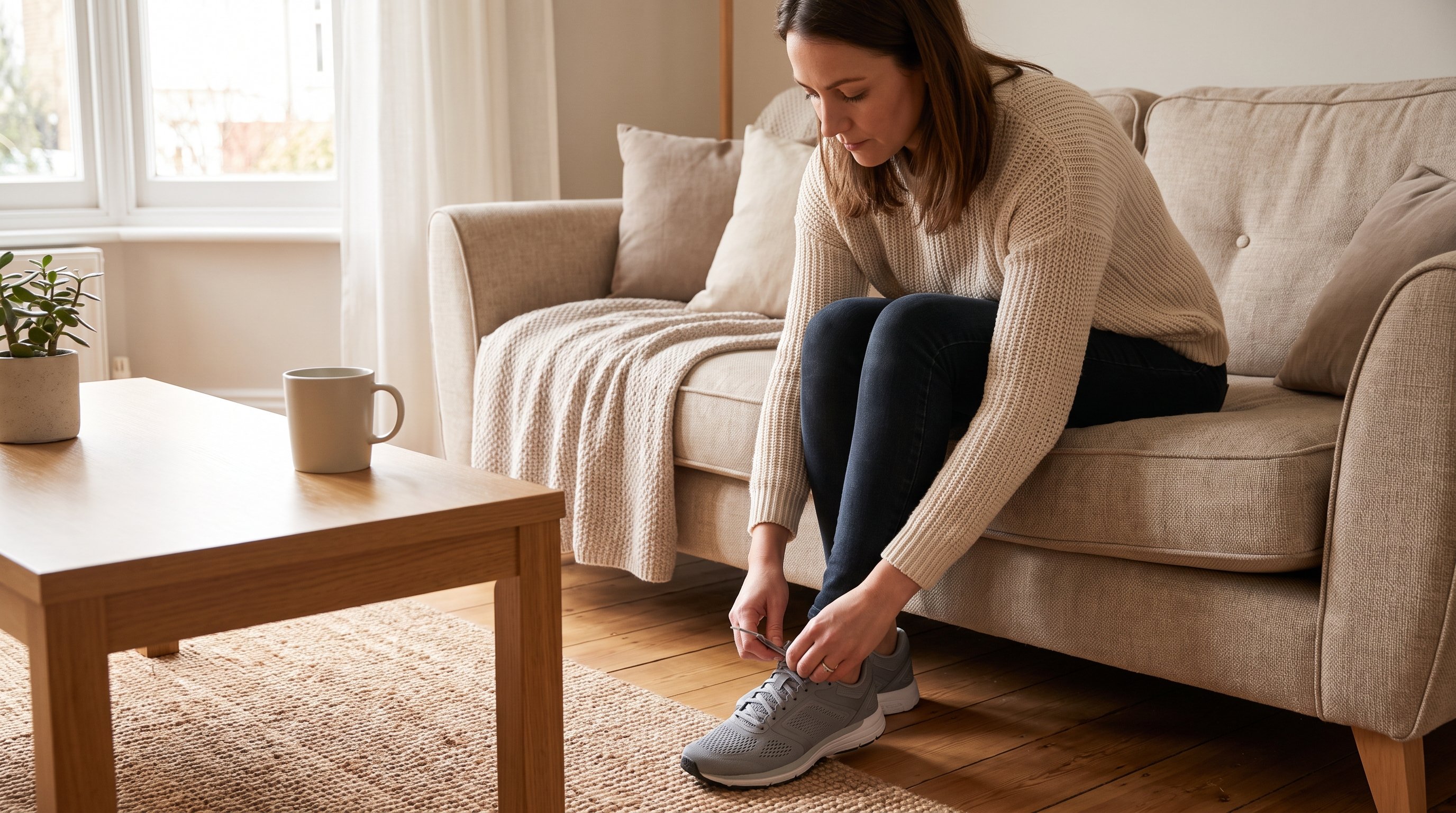 person checking phone while tying running shoes at home
