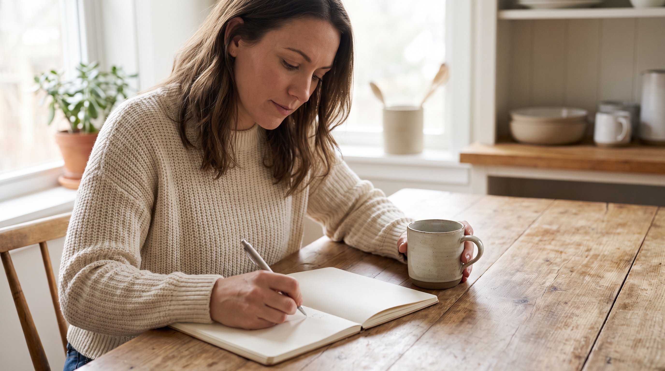person writing in a notebook habit log at a kitchen table