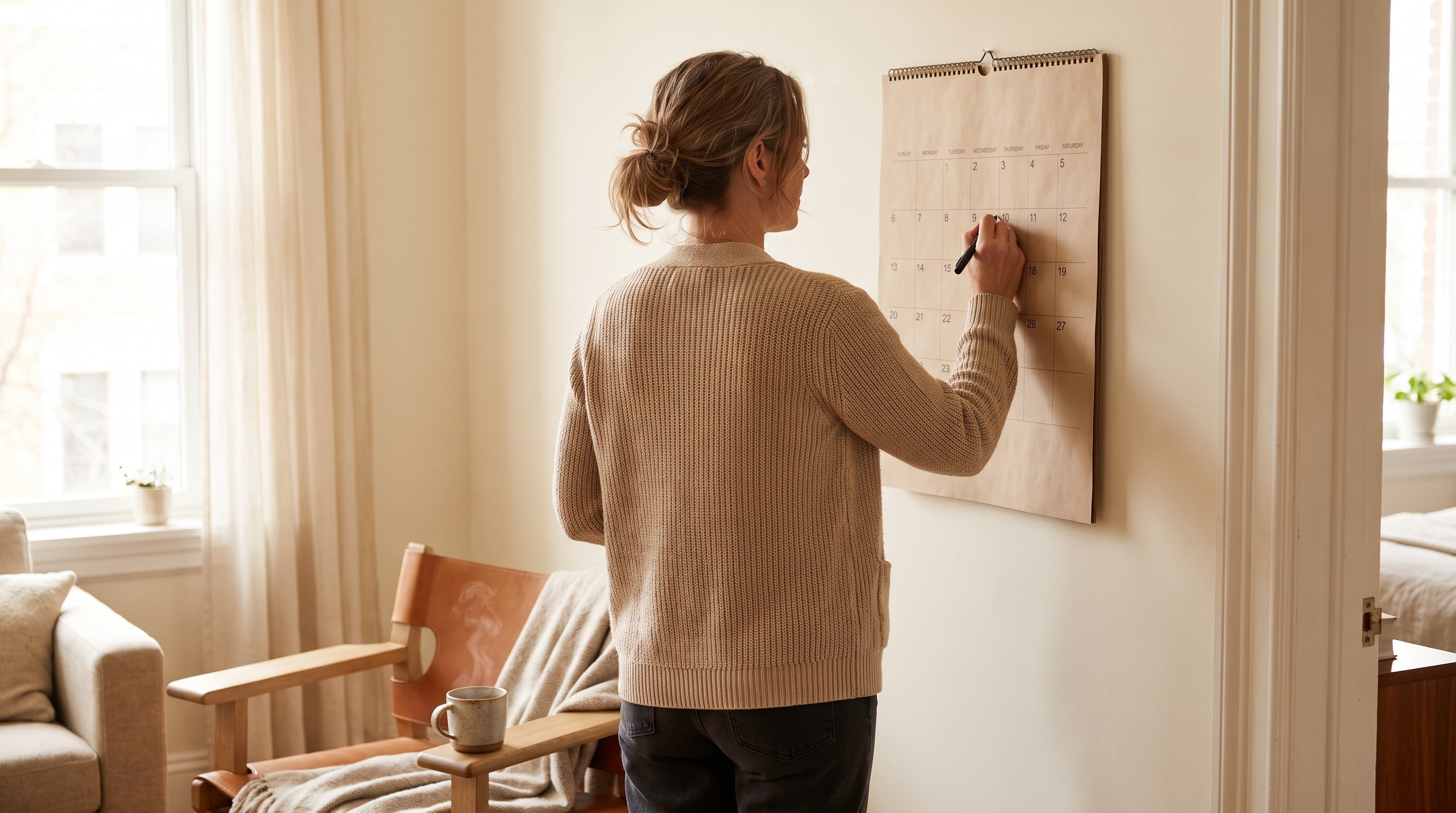 person crossing off a day on a wall calendar