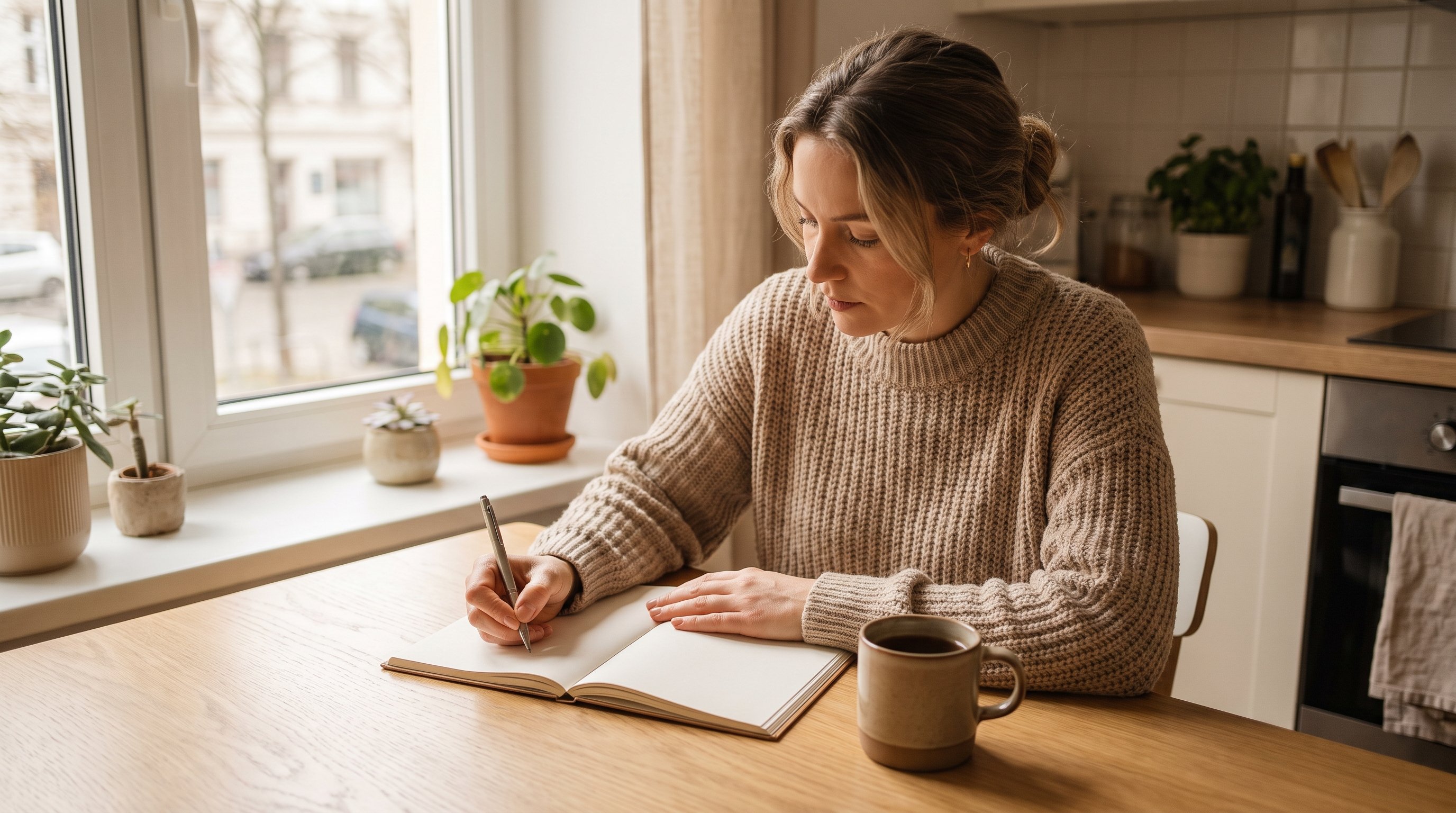 person writing in a notebook at a kitchen table