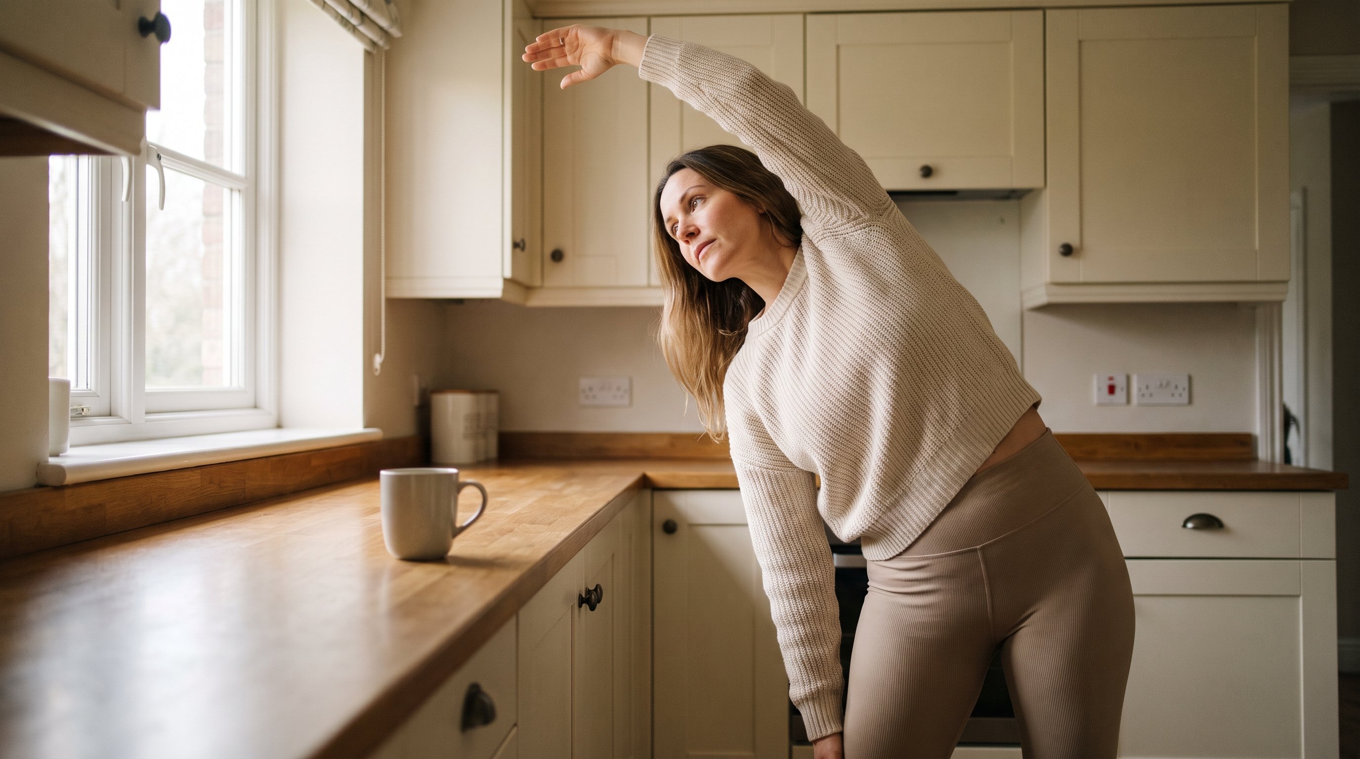 older adult stretching beside a kitchen counter in the morning