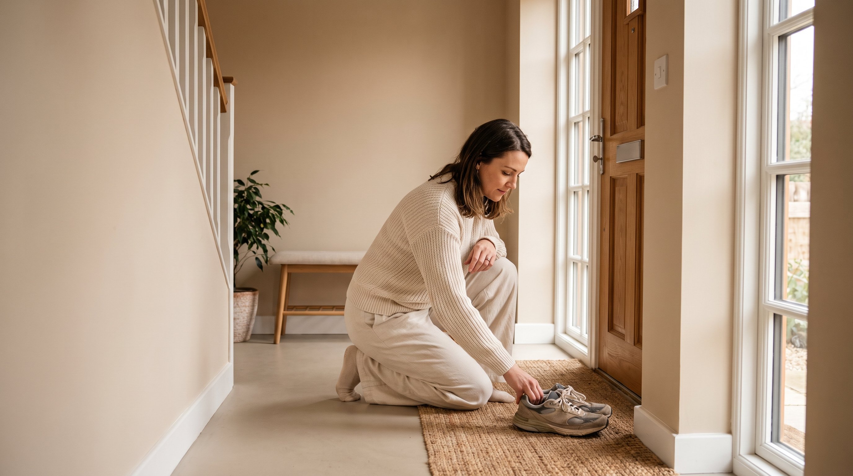 person placing running shoes by the front door the night before