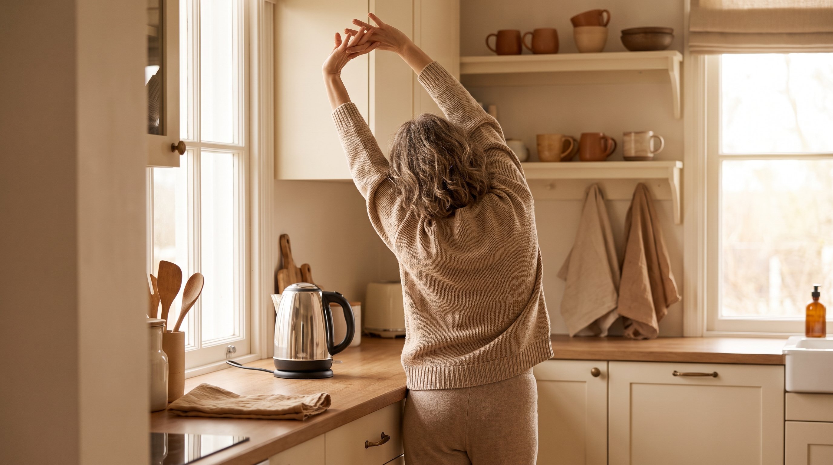 person doing one minute of stretching next to a kitchen kettle