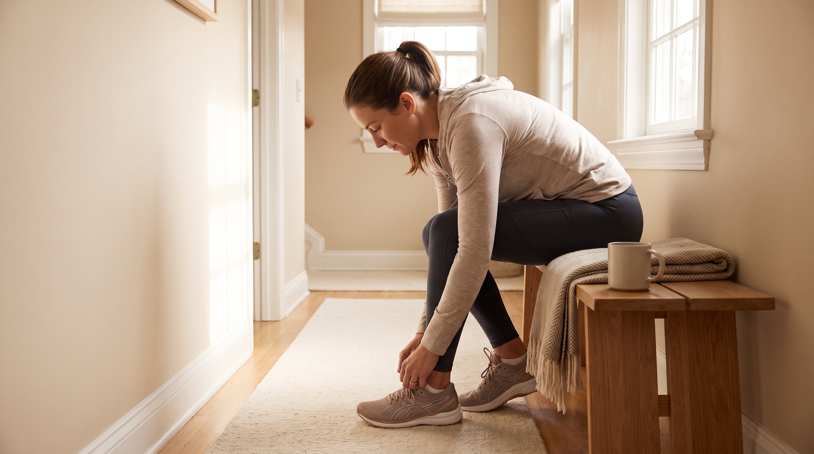 person tying running shoes by the front door after brushing teeth