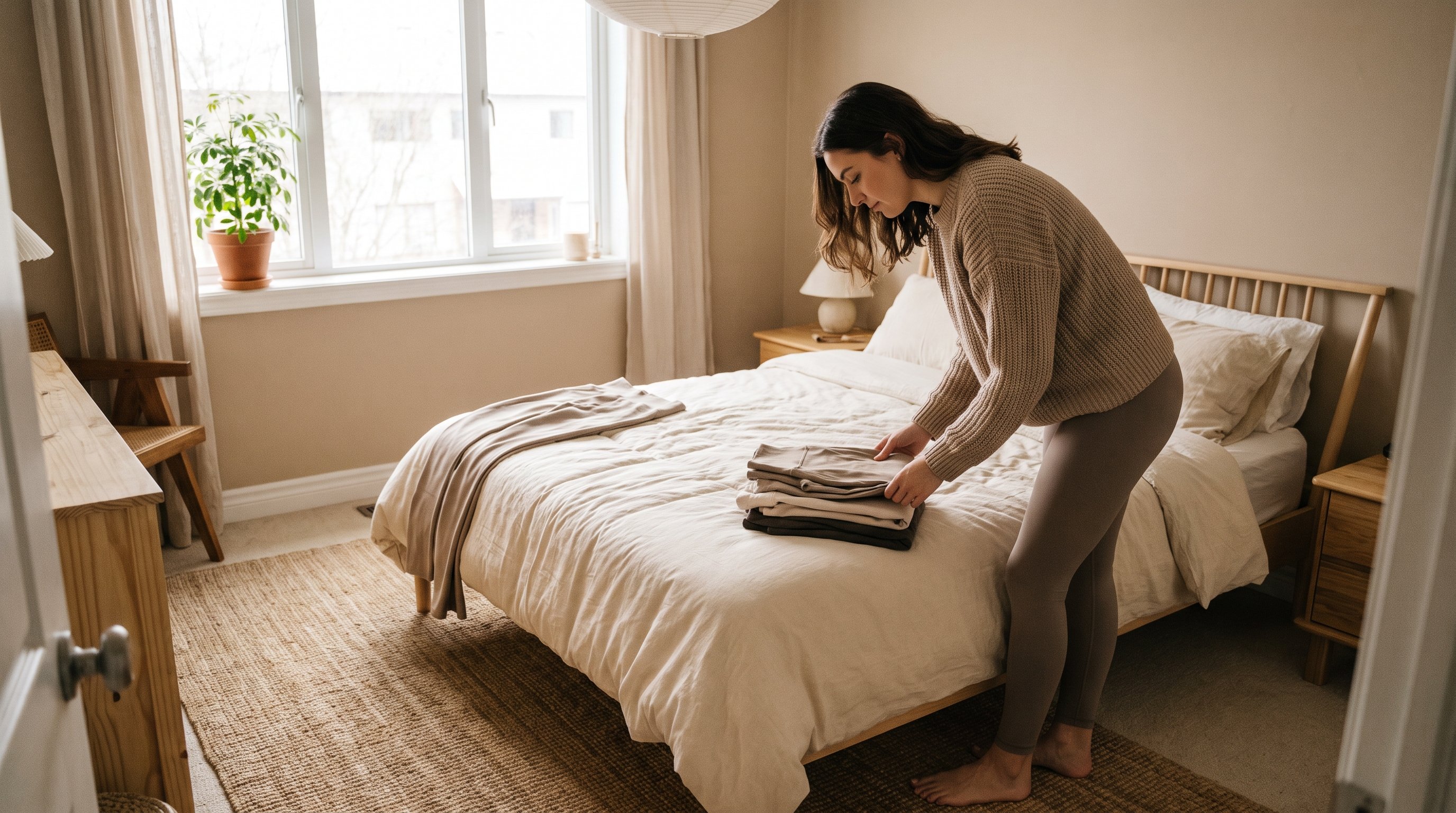 woman laying out gym clothes next to her bed the night before