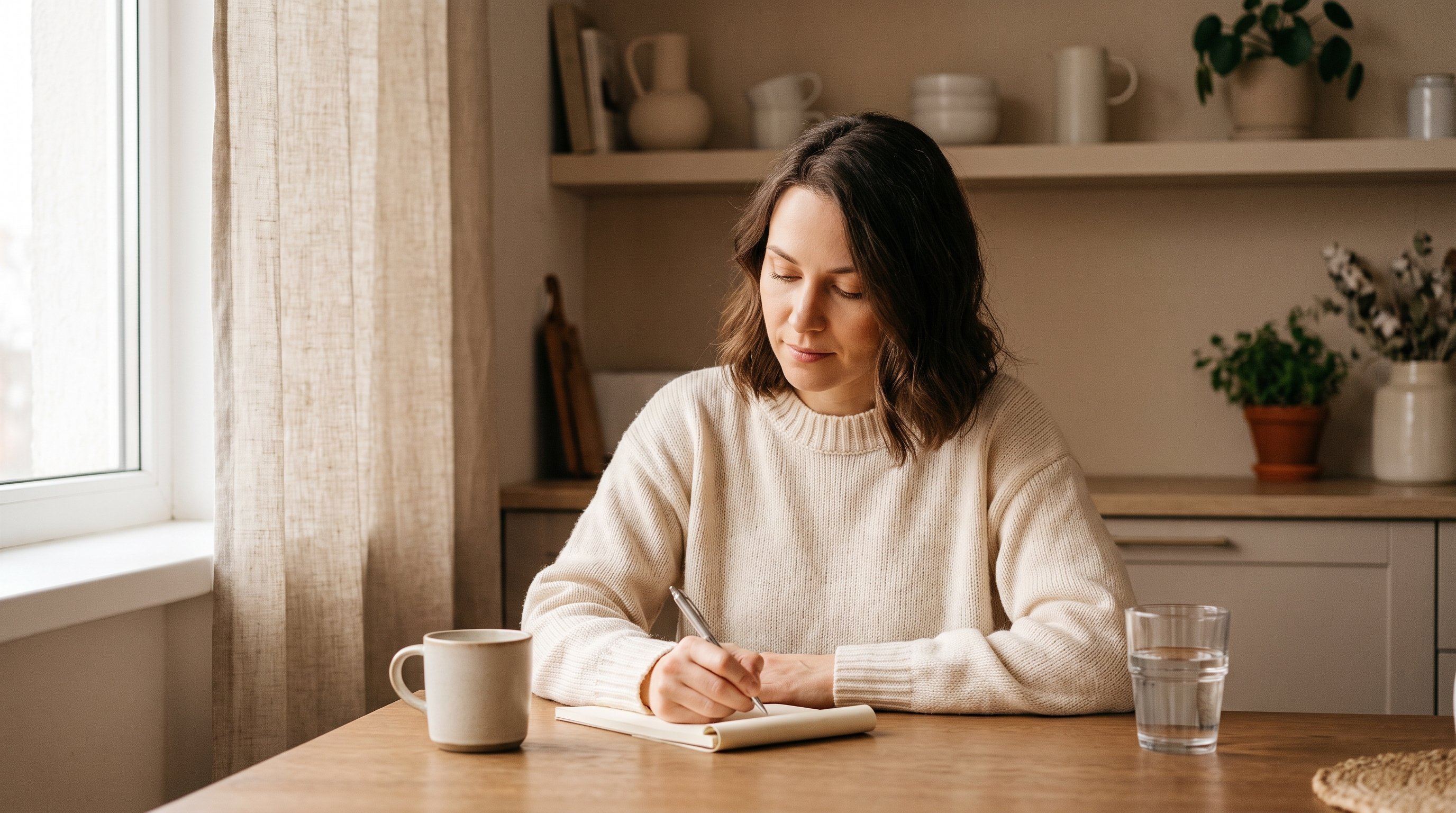 person writing goals in a notebook at a kitchen table