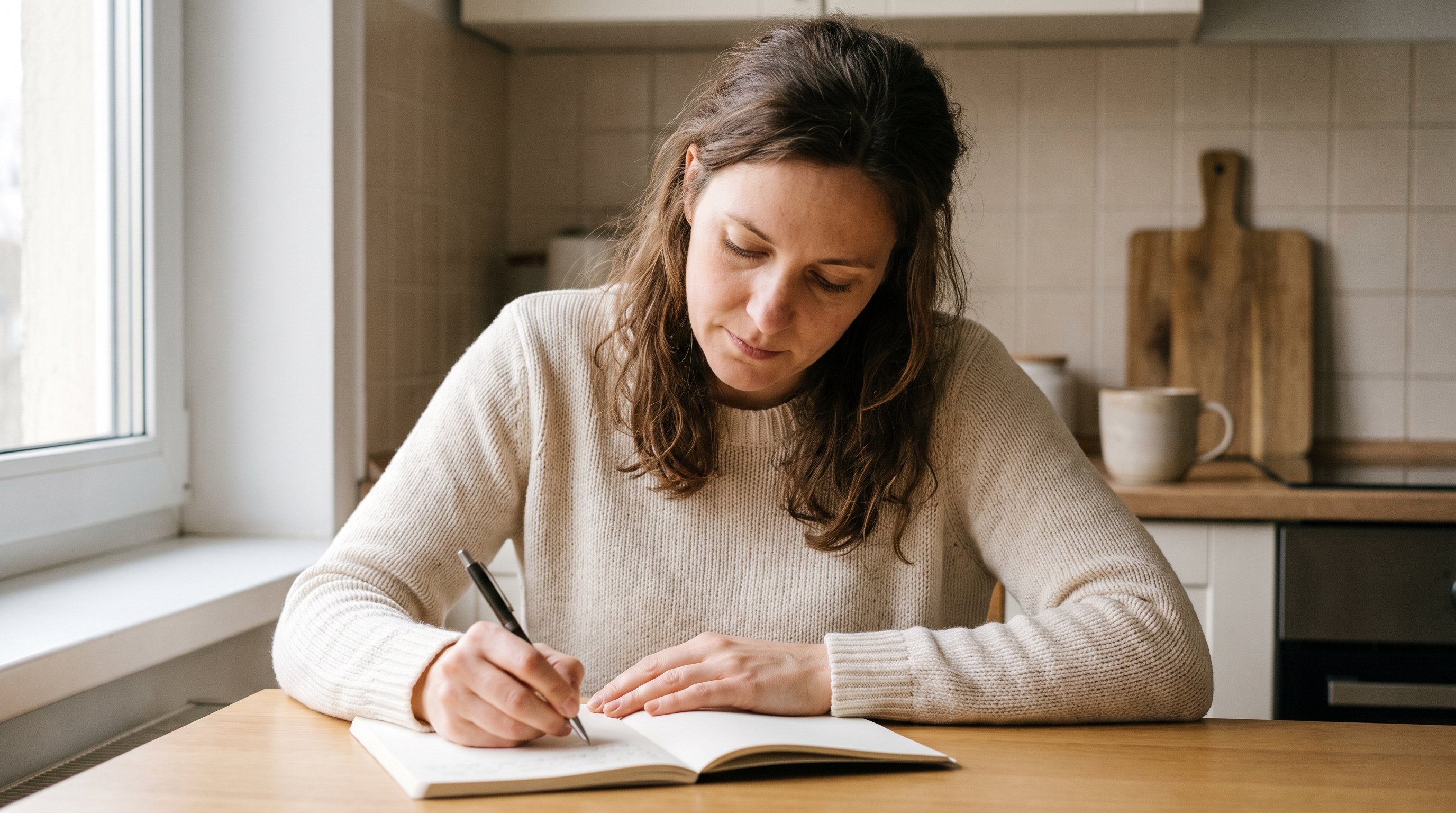 person checking off a simple habit list at a kitchen table