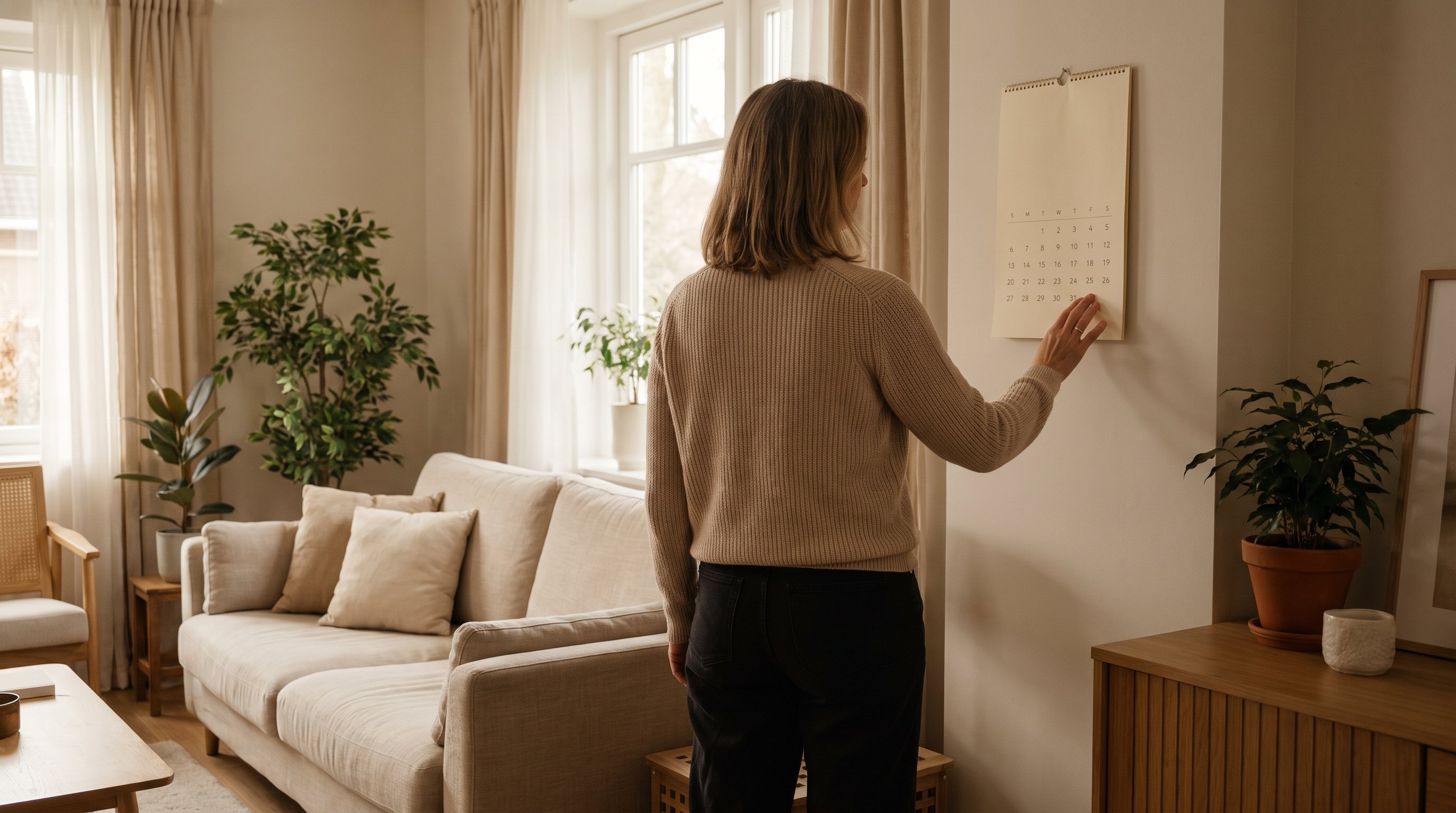 calendar on a wall with several days marked and one left blank