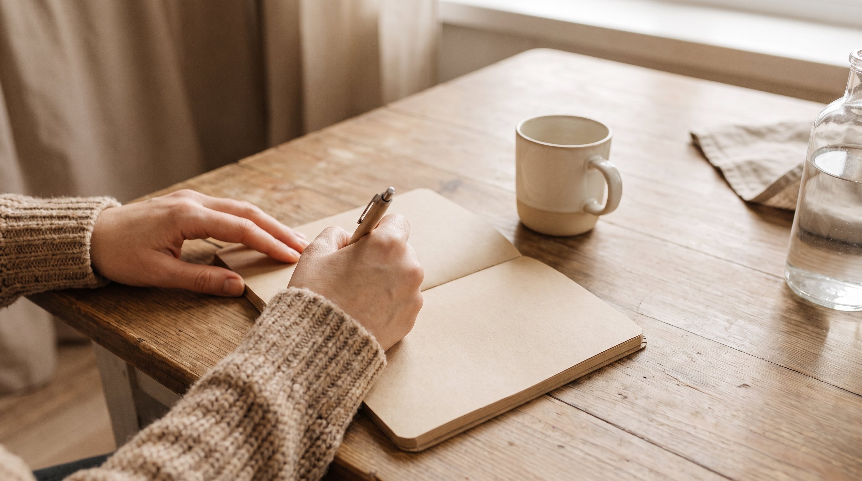 person writing a short list in a notebook at a kitchen table