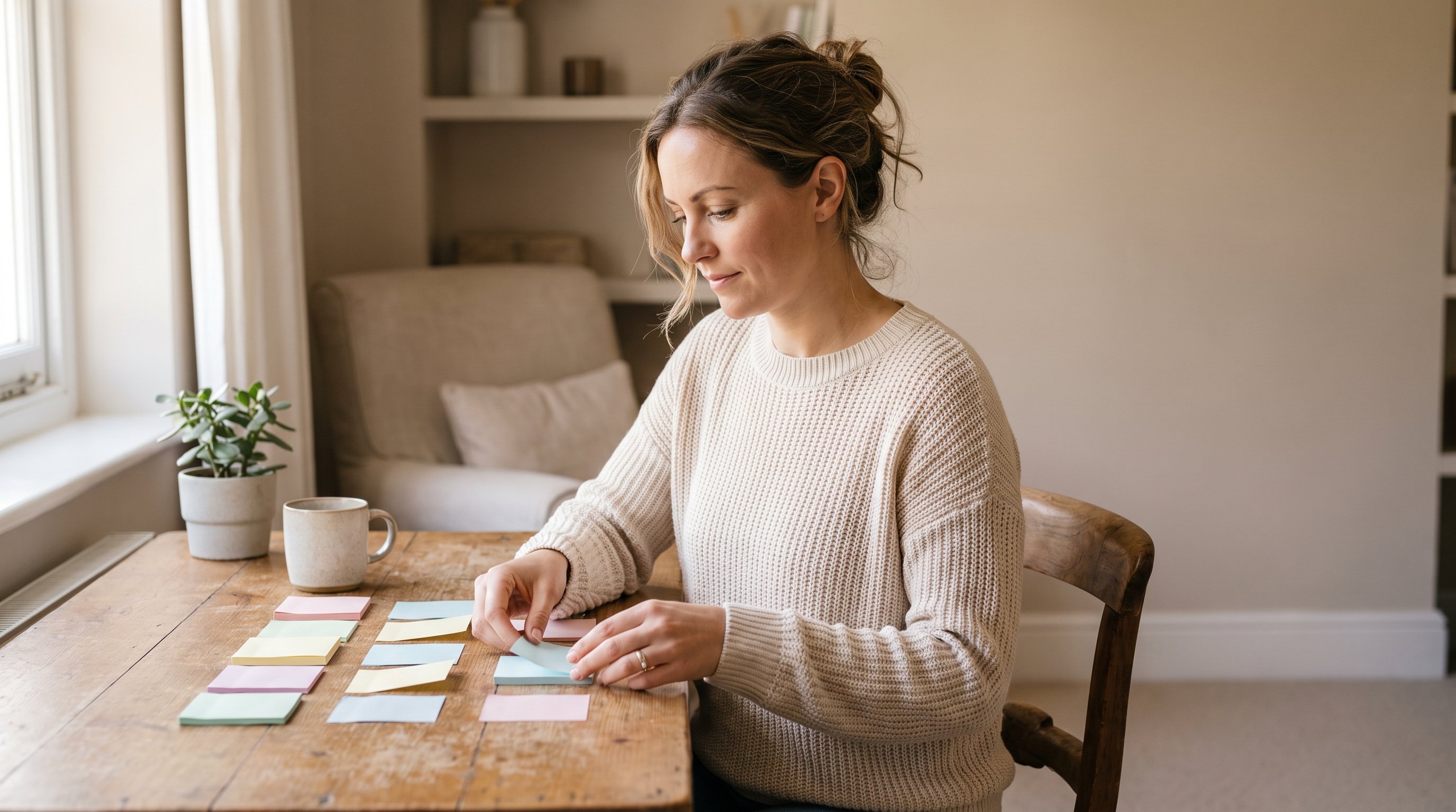person organising sticky notes on a desk person organising sticky notes on a desk