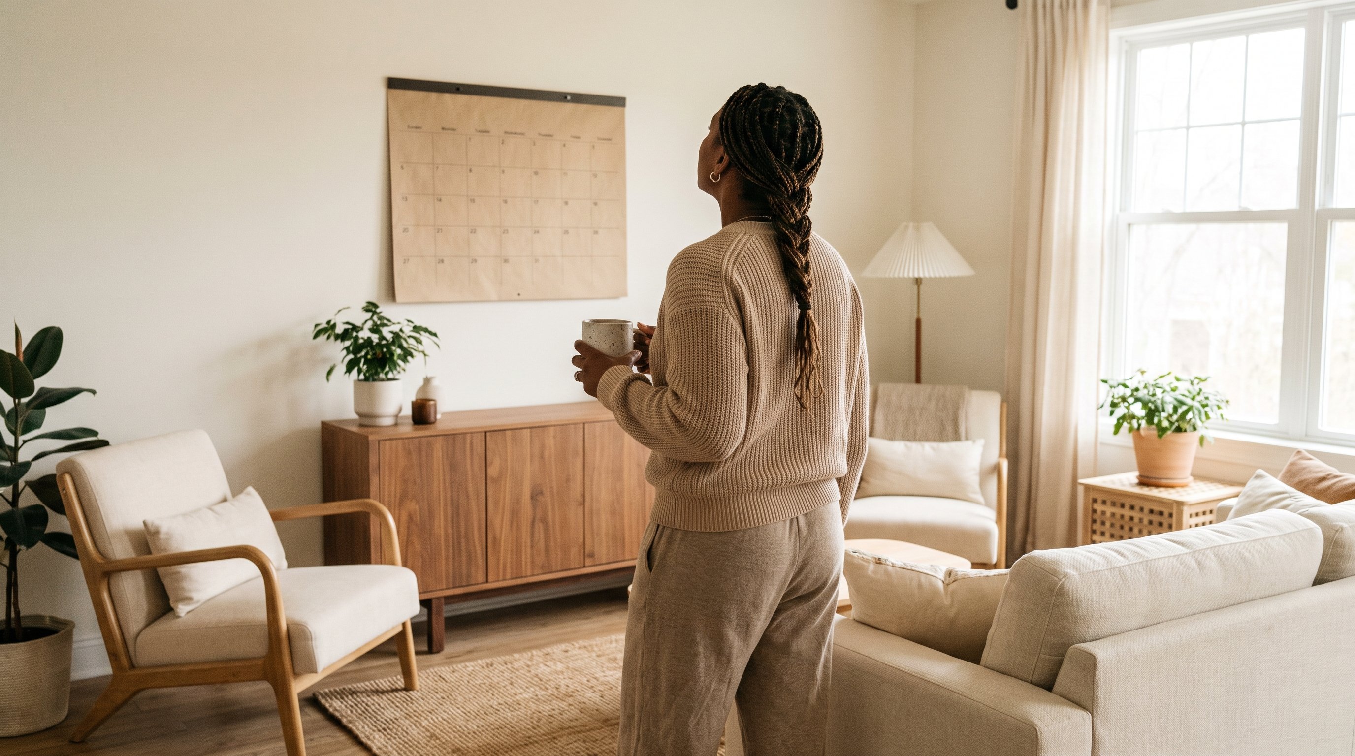 person checking a wall calendar while holding a coffee cup