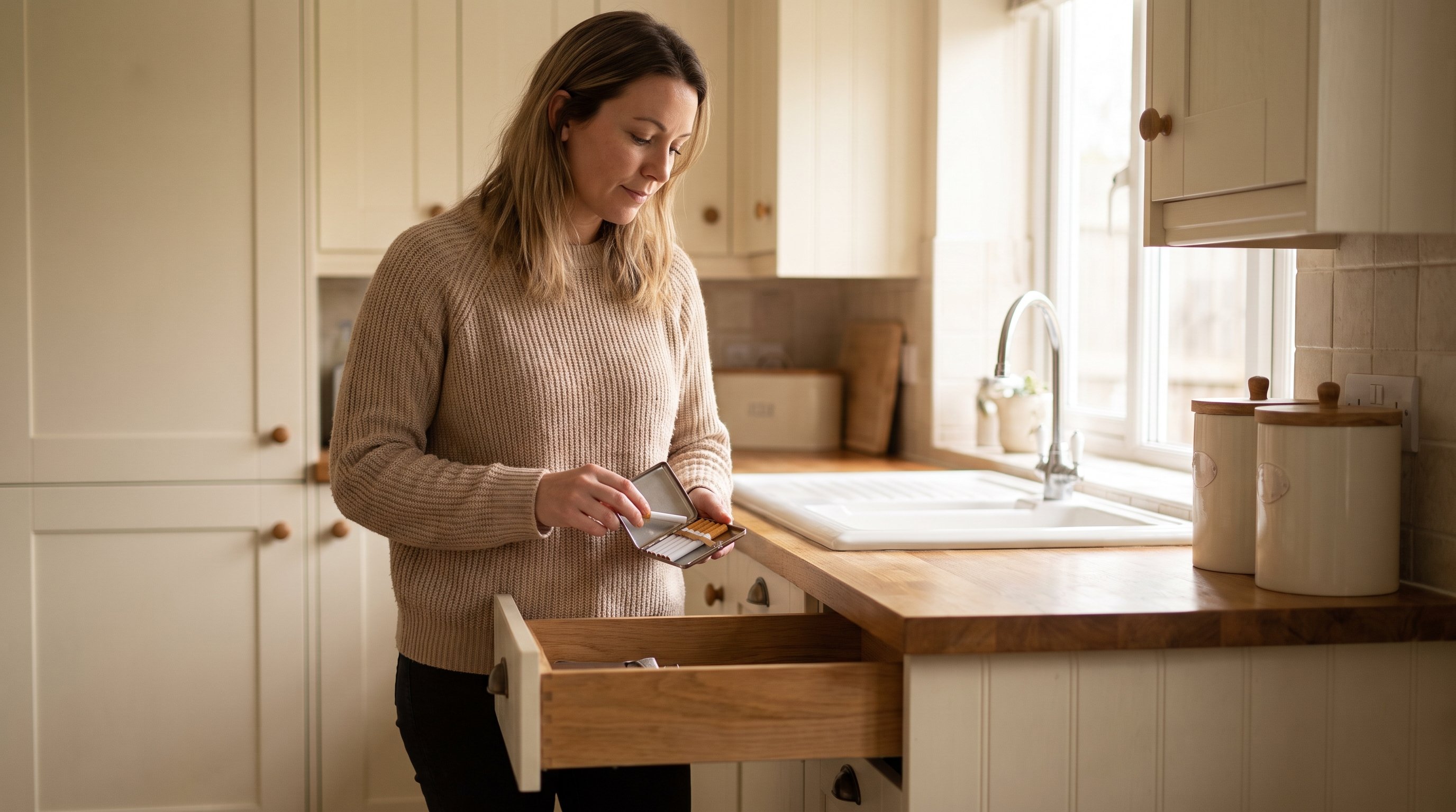 person removing a cigarette pack from a kitchen drawer