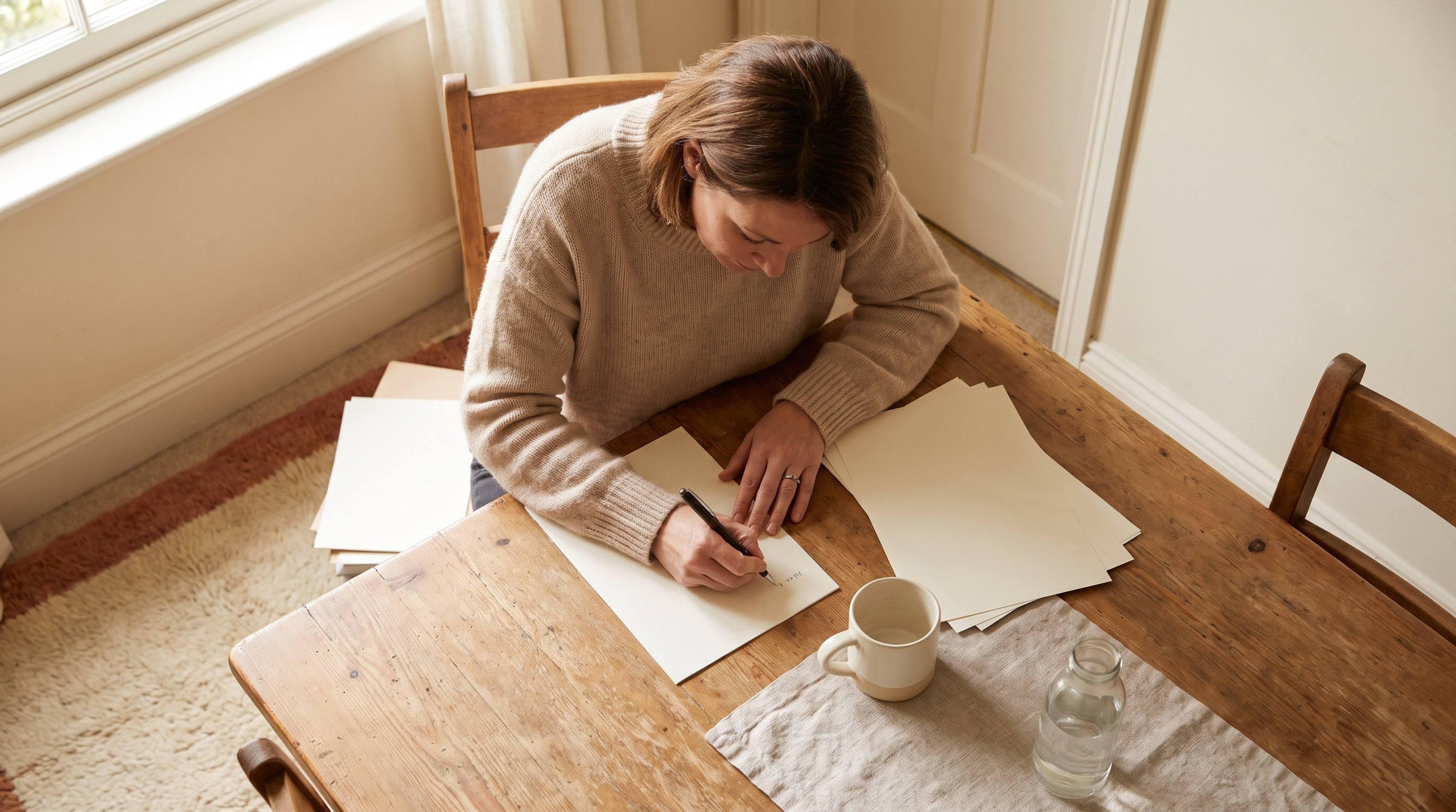 woman writing in a notebook at a kitchen table in the evening