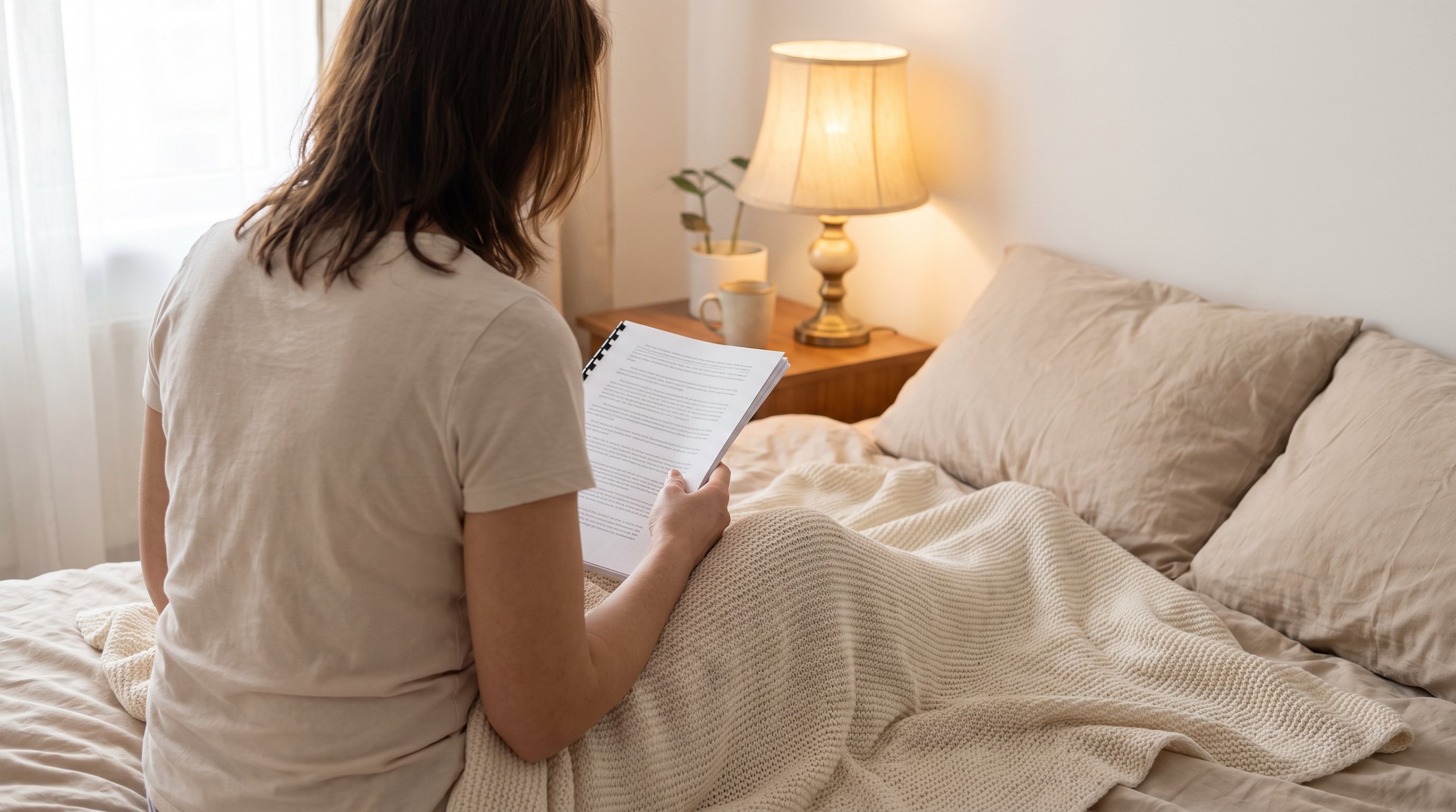 person reading one page of a book by a bedside lamp