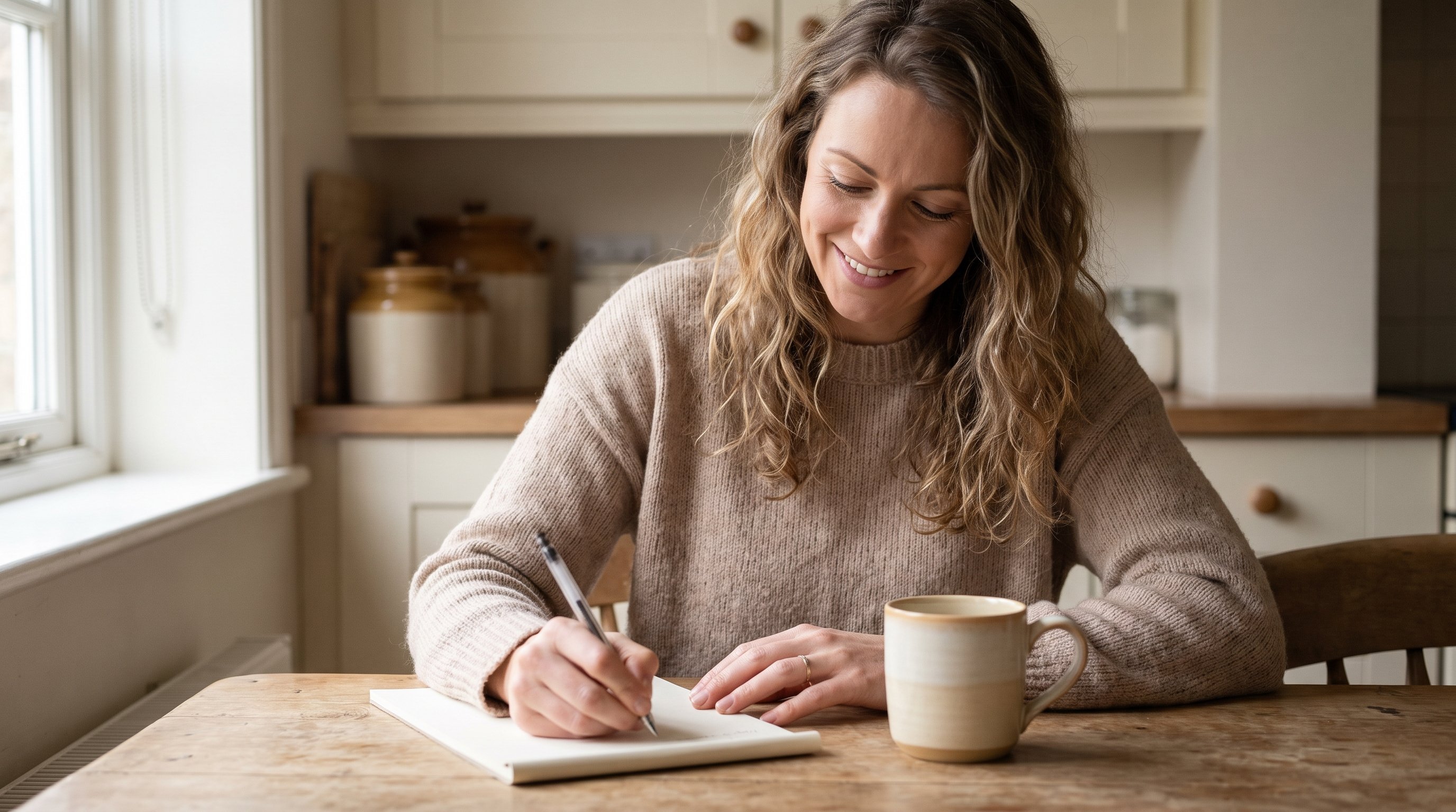 person writing in a notebook at a kitchen table in the morning