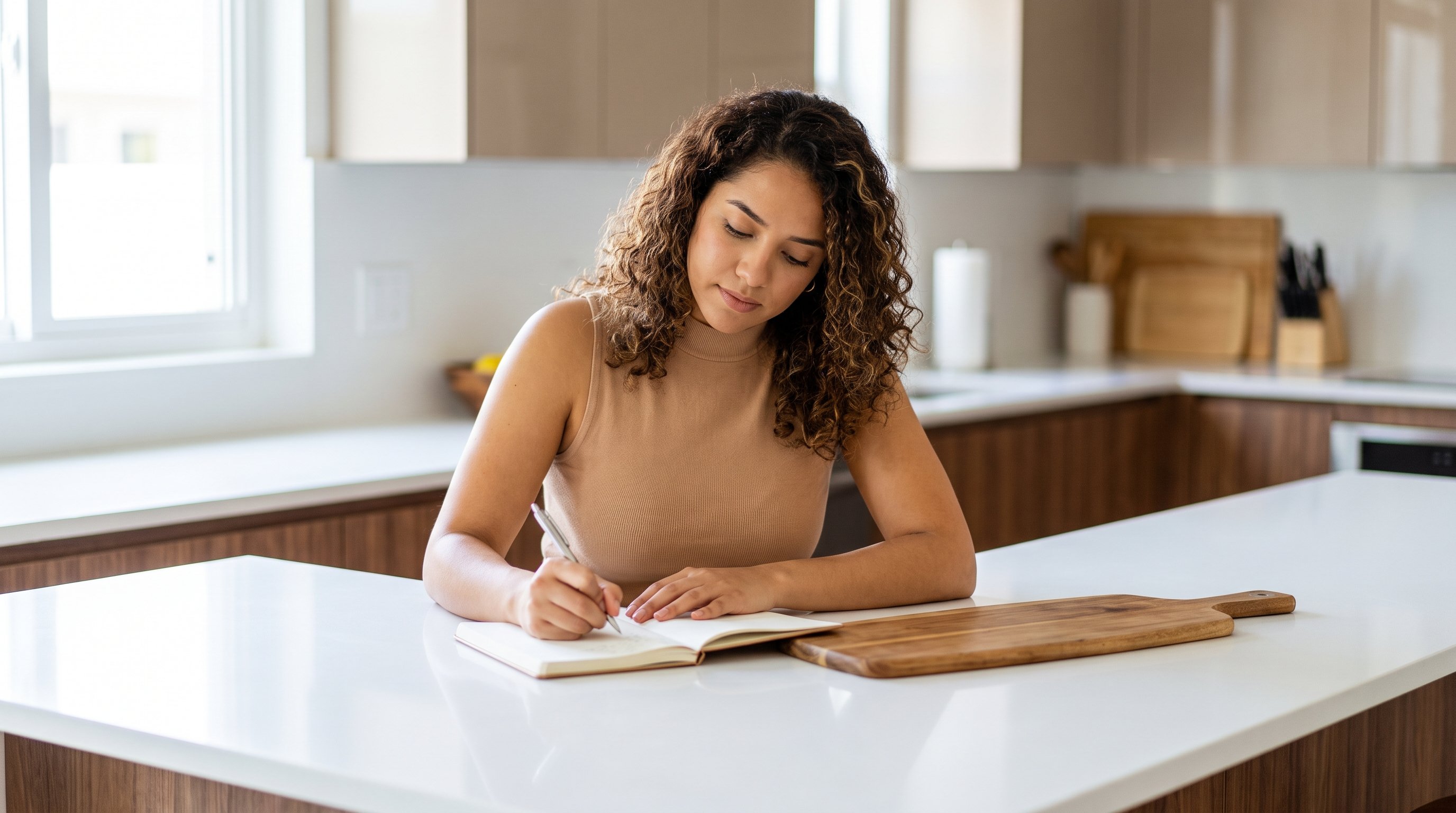 person writing a short note at a kitchen table in the evening